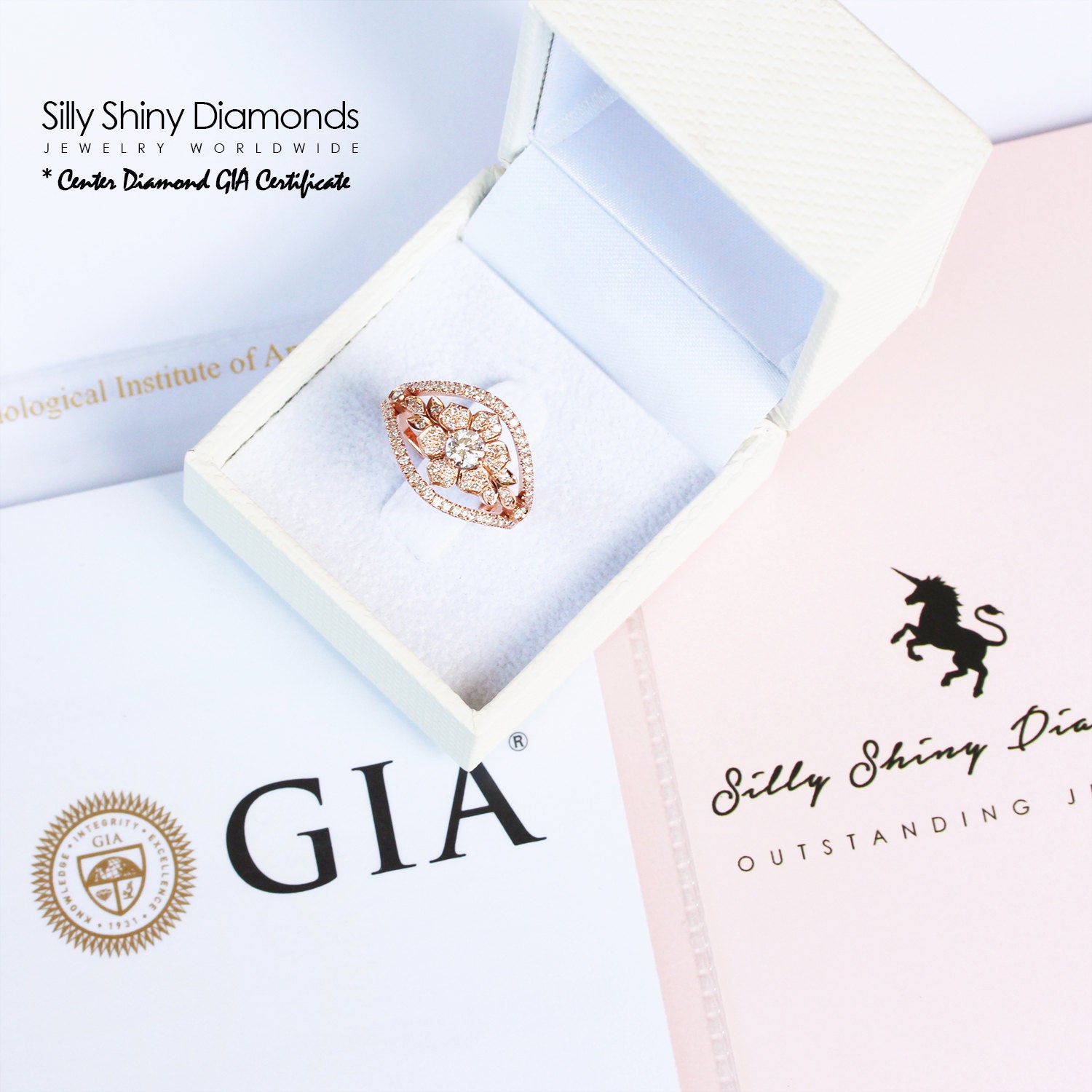 Lilly Flower Garden Diamond Ring GIA certificate, 14K Rose Gold, Ring Size 7 - sillyshinydiamonds