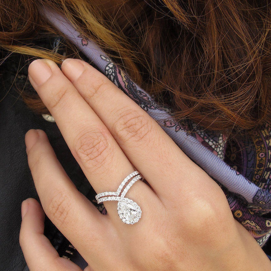 Bliss - Pear shaped forever one moissanite engagement ring set - sillyshinydiamonds