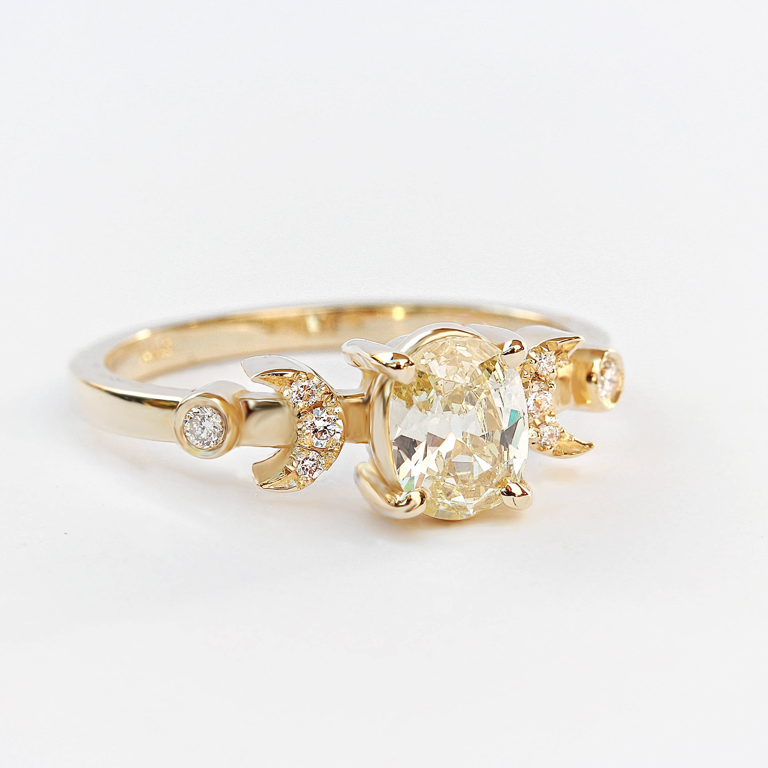 Hindi Moon phase Yellow Oval Diamond 0.66 carat Celestial Unique Engagement Ring - sillyshinydiamonds