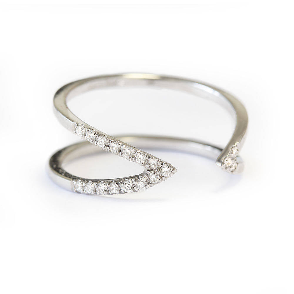 Open V cuff ring, Minimal gold & diamond ring, 14K White Gold, 6.25 Size - sillyshinydiamonds
