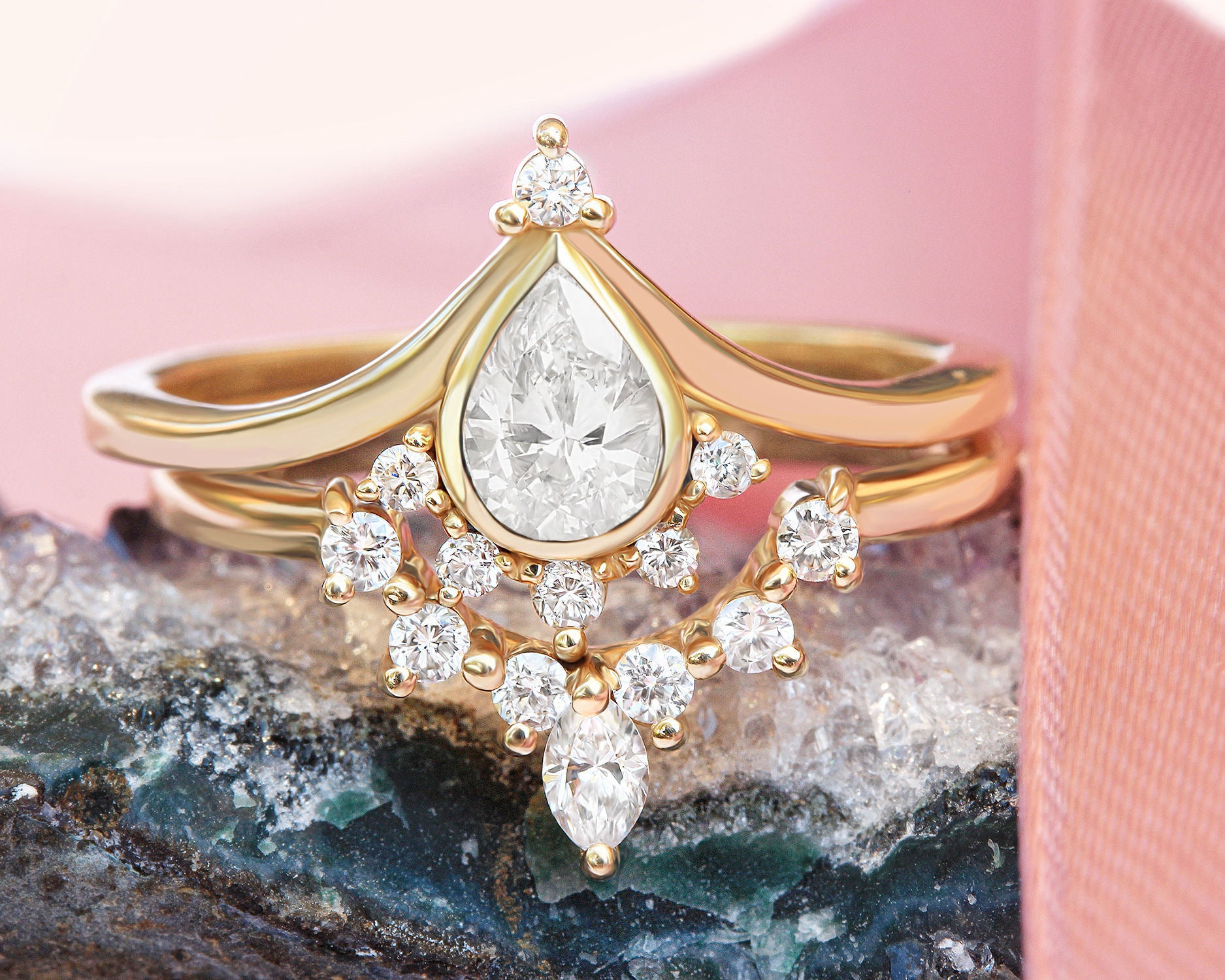 Valentia Pear + Romi 0.5 carat Diamond Unique Engagement Rings Set - sillyshinydiamonds