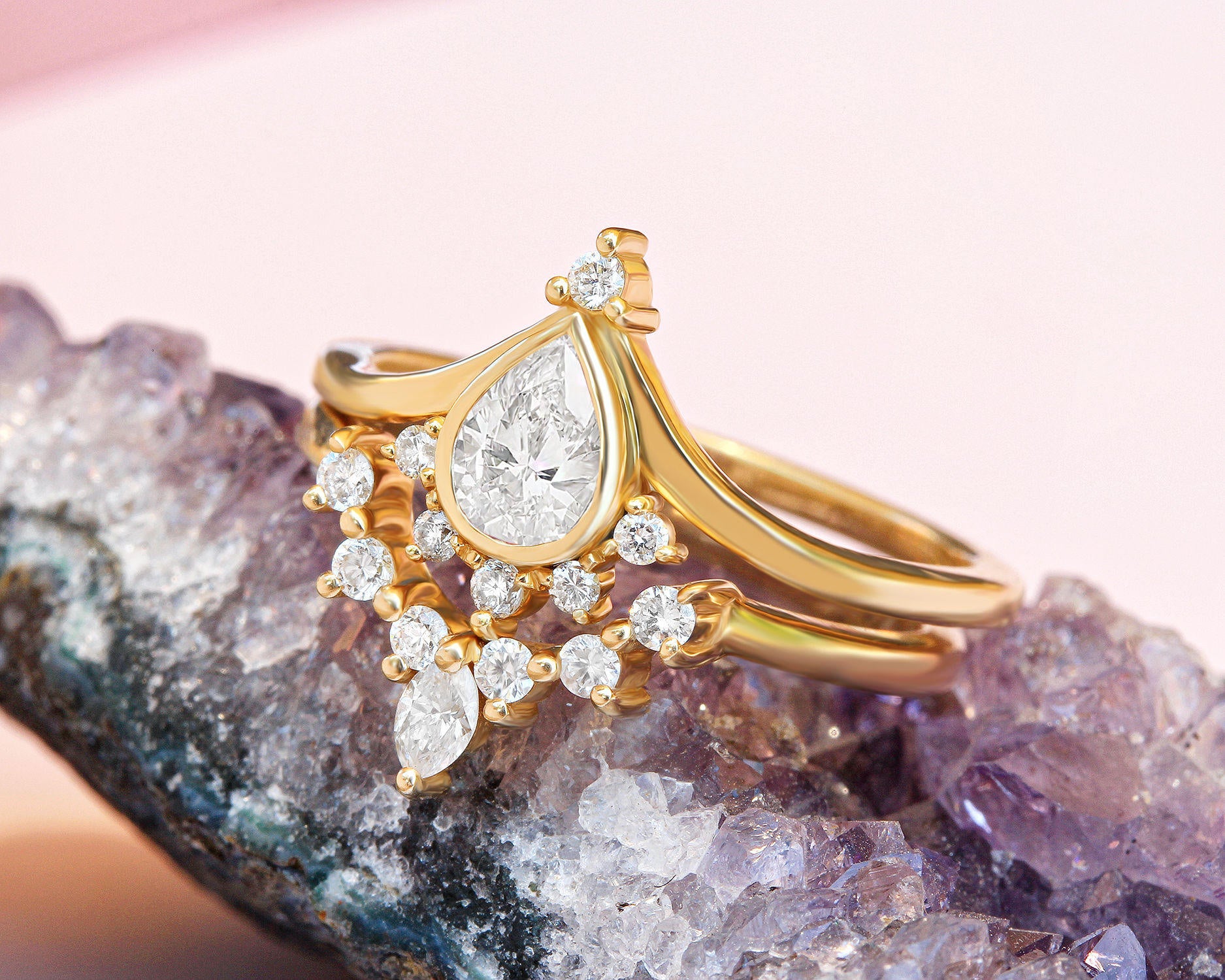 Valentia Pear + Romi 0.5 carat Diamond Unique Engagement Rings Set - sillyshinydiamonds