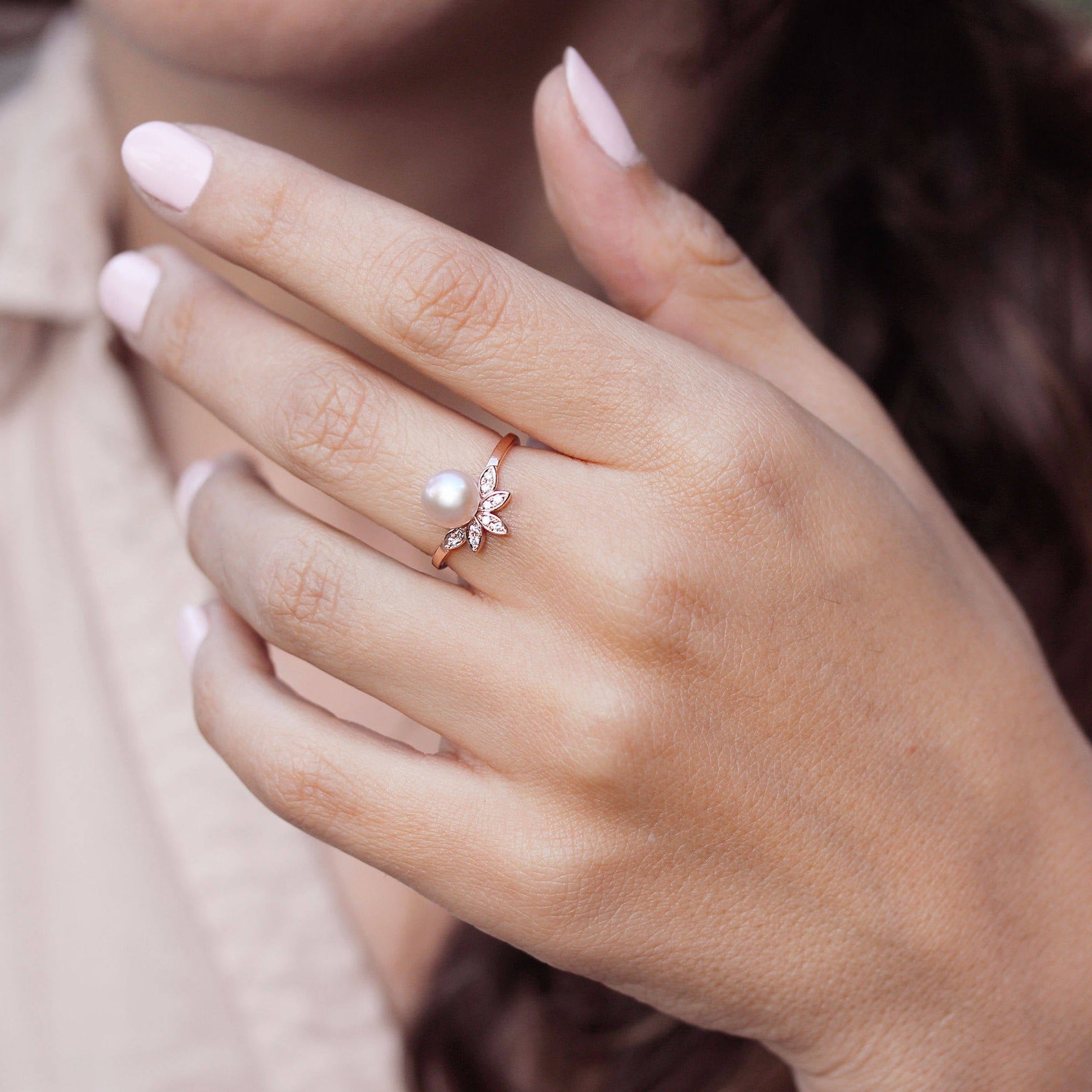Pearl & Diamond Leaves Ring, Unique Multistone diamond ring - sillyshinydiamonds