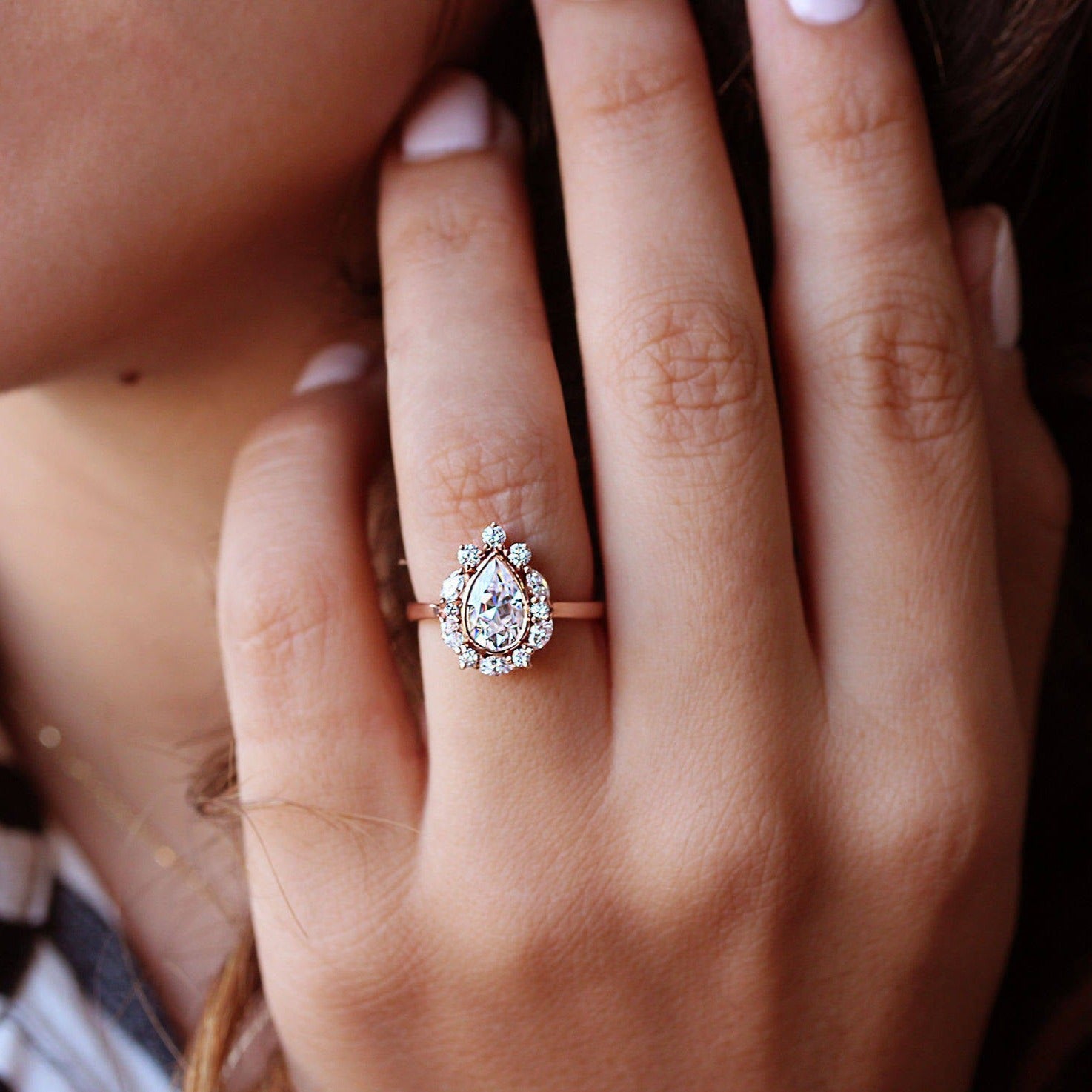 Pear Moissanite & Unique Diamonds Halo Engagement Ring Ballerina - sillyshinydiamonds