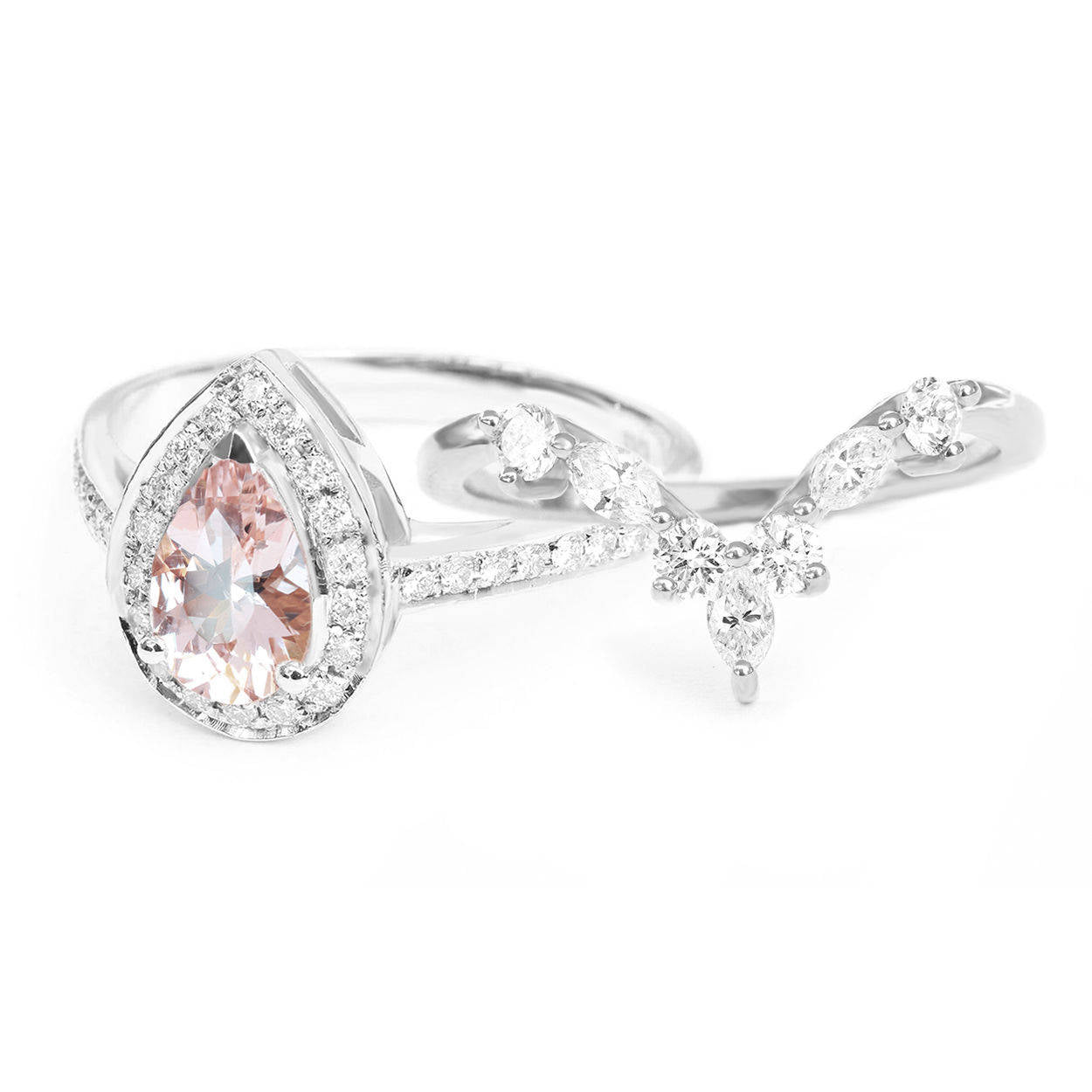 Nia & Hermes - Pear Morganite & Diamond Halo Ceremonial Ring set - sillyshinydiamonds