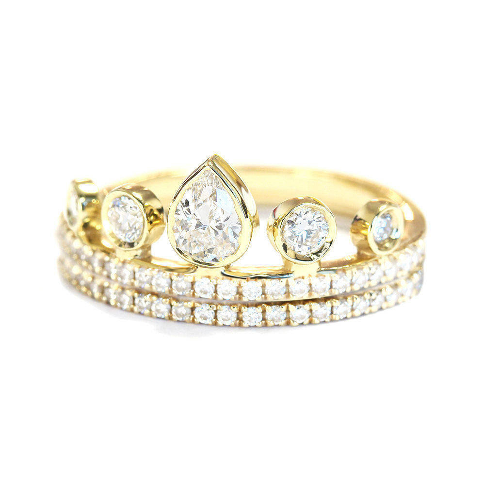 Meraki Pear Diamond Crown Tiara Unique Stacking Rings Set - sillyshinydiamonds
