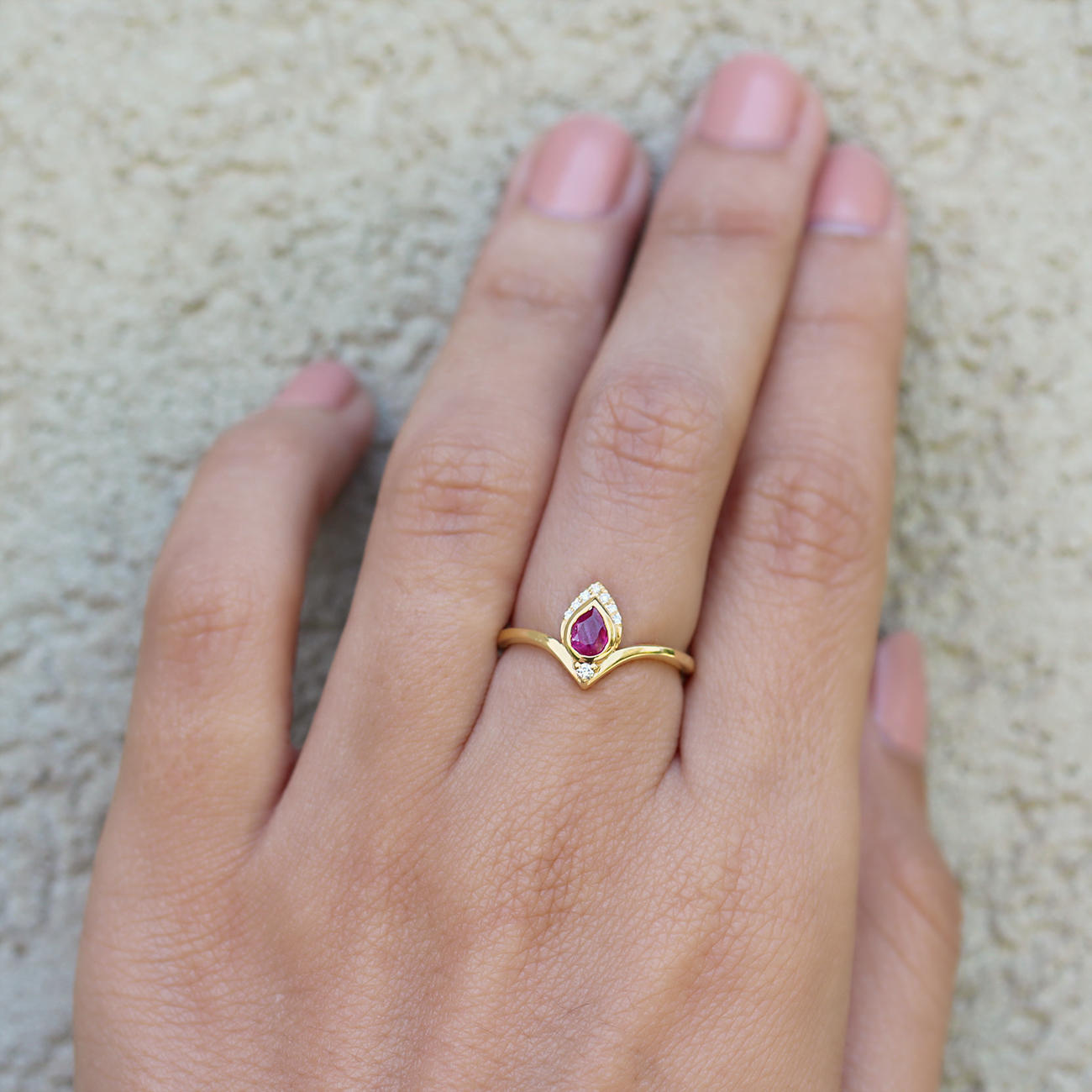 Pear Ruby & Diamonds Ring, 14K Yellow Gold, size 7, Atyasha - sillyshinydiamonds