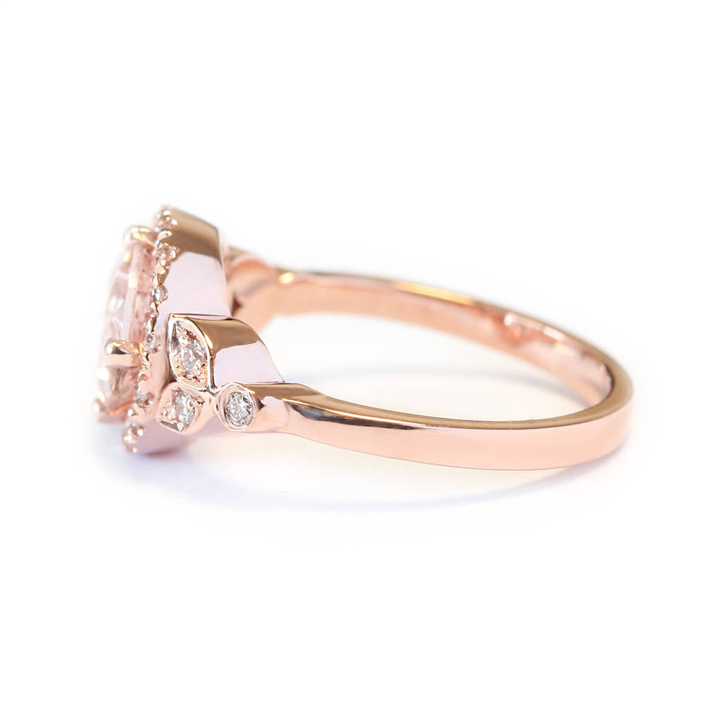 Rome, Morganite & Diamond Halo Unique Engagement Ring - sillyshinydiamonds