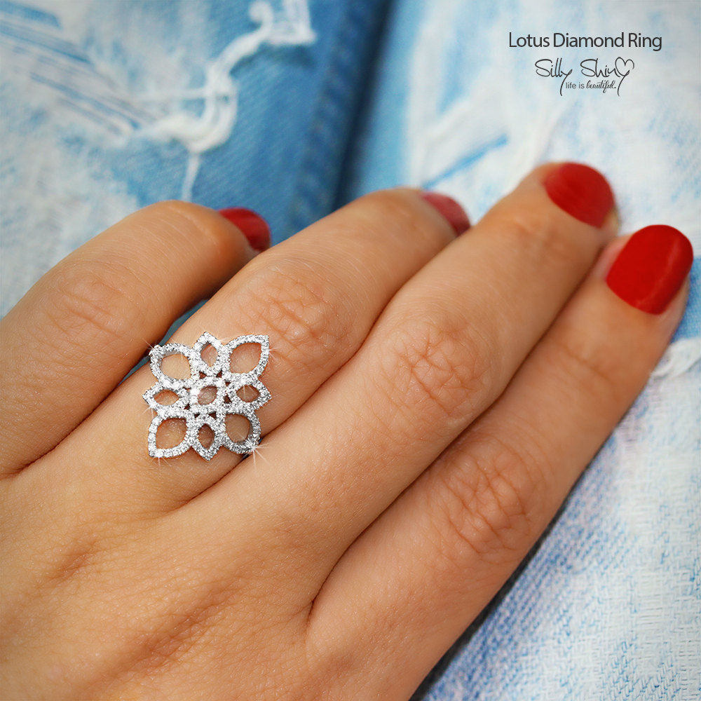 Lotus Diamond Ring, Unique Engagement Ring, 14K White Gold Ring, Vintage Ring Size 6 - sillyshinydiamonds