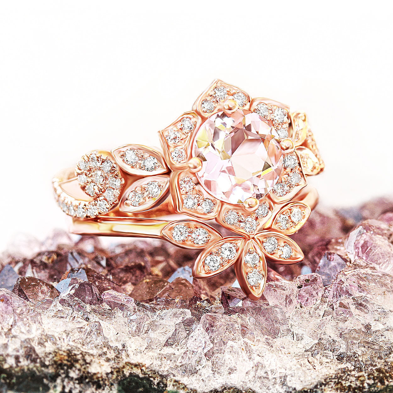 Lily Wave Flower - Morganite & Diamonds Unique Engagement Ring - sillyshinydiamonds