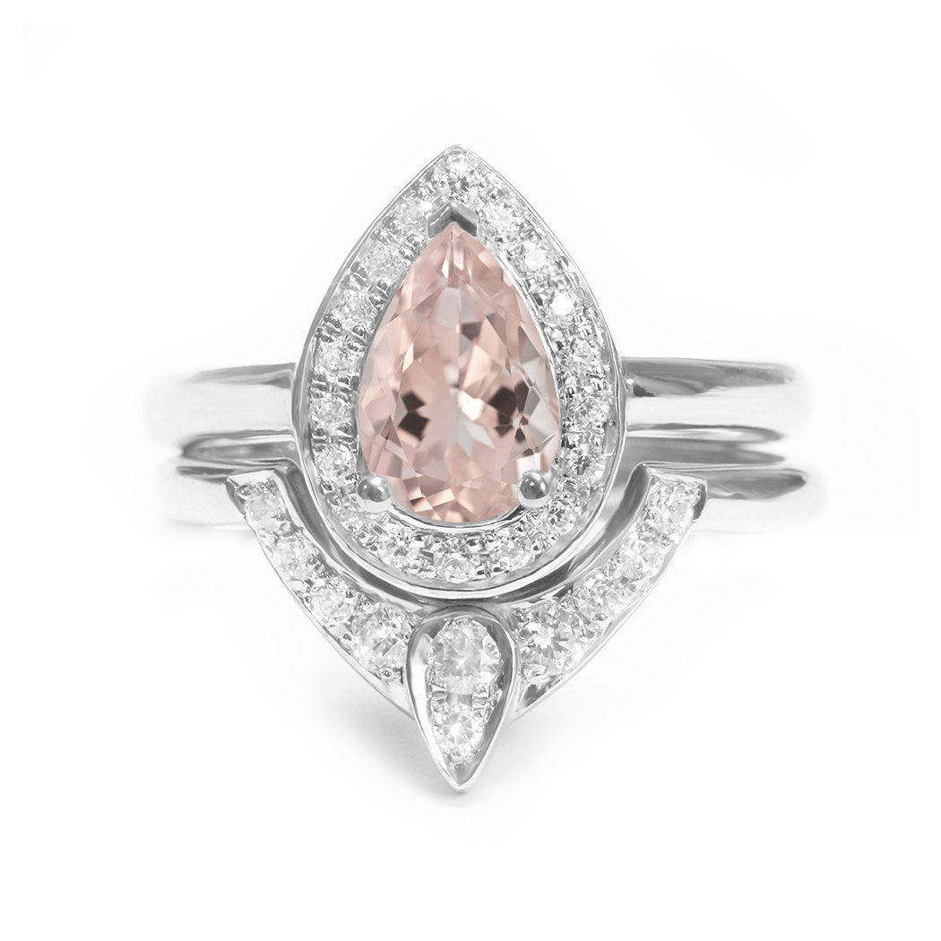 Pear Morganite & Diamonds Halo Unique Engagement Rings Set, The 3rd Eye - sillyshinydiamonds