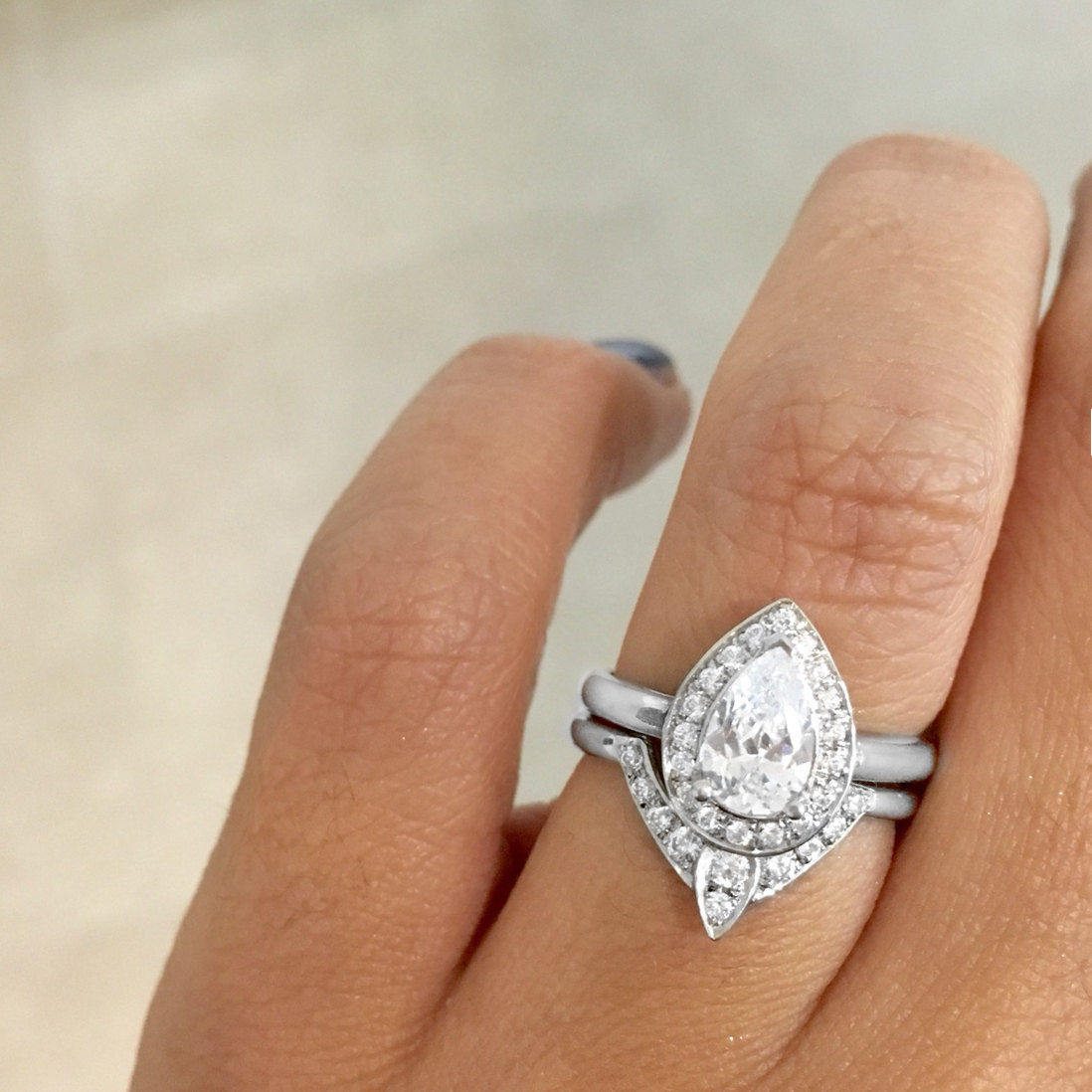 Pear Morganite & Diamonds Halo Unique Engagement Rings Set, The 3rd Eye - sillyshinydiamonds