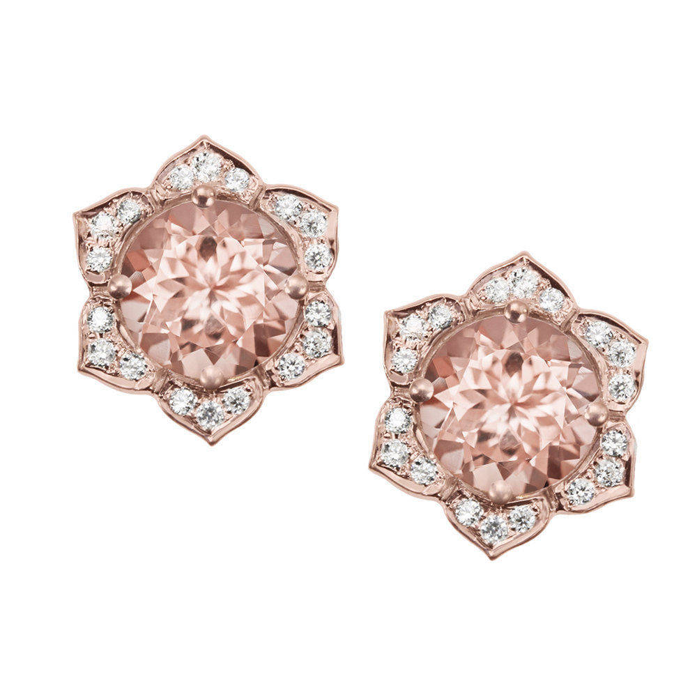 Lily Flower Studs Earrings - Morganite & Diamonds Stud Earrings - sillyshinydiamonds