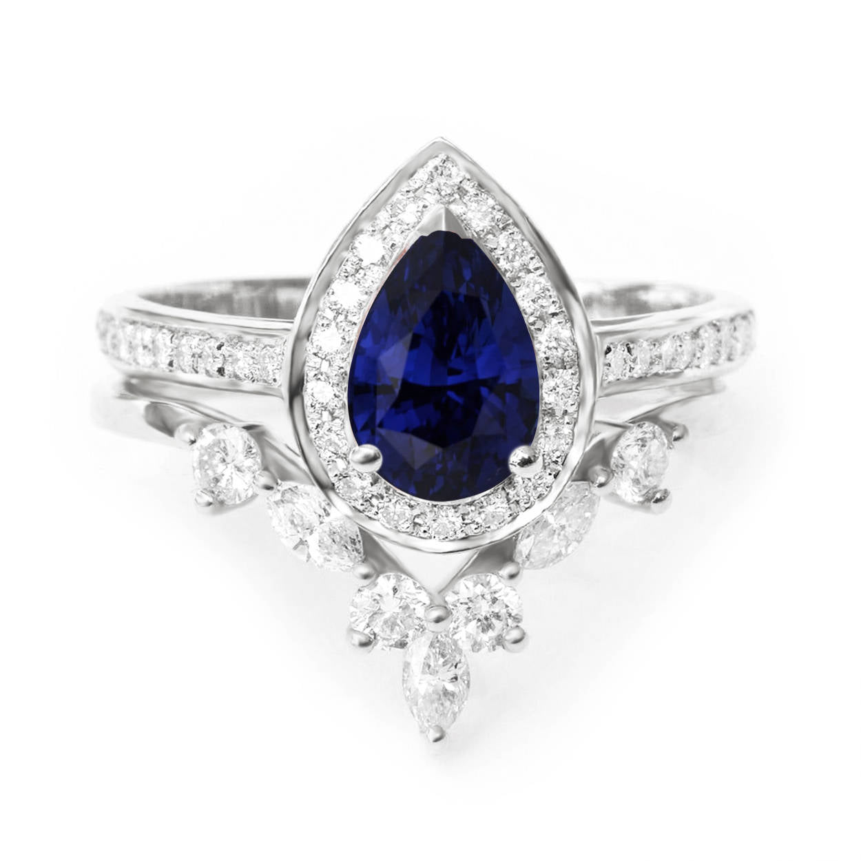 Blue Sapphire Pear Shape & Diamonds Wedding Rings Set - NIA - sillyshinydiamonds