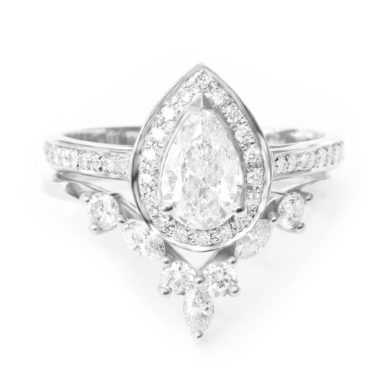 Pear Diamond Ring With One Matching Sideband, Wedding Two Rings Set  "Nia" & "Hermes"  ♥