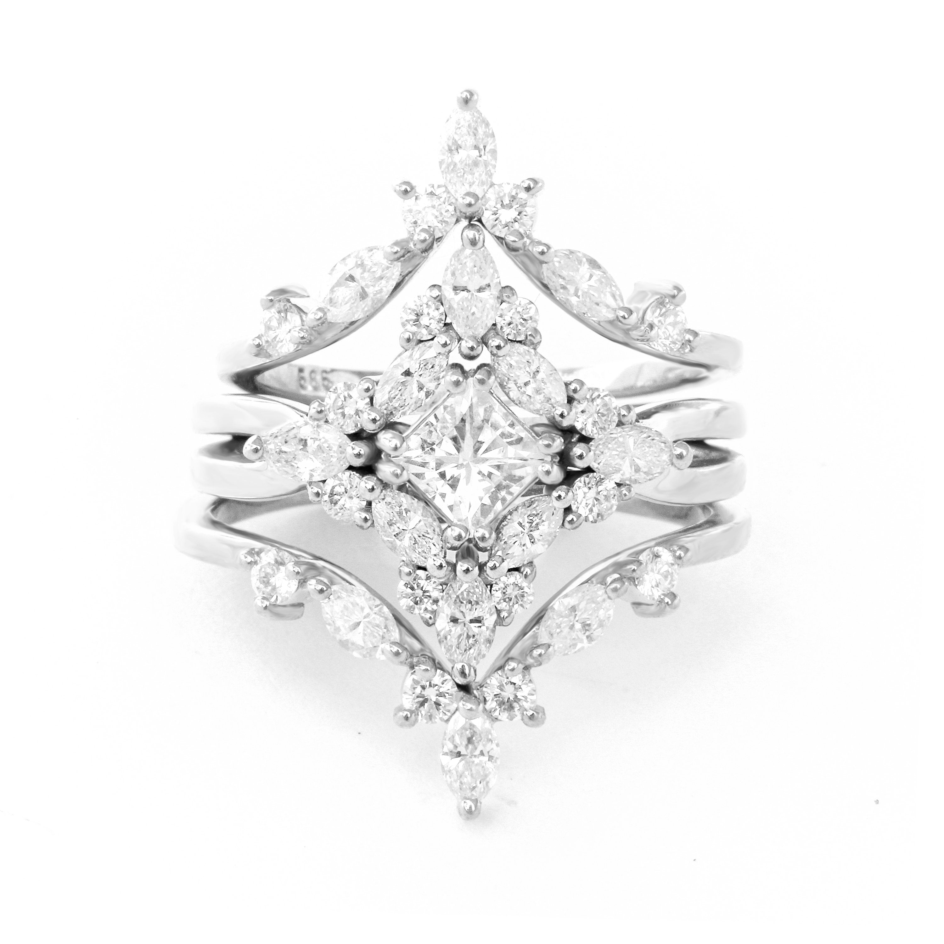 Altair - Princess Cut Square Diamond Cluster Wedding Three Rings Set - sillyshinydiamonds
