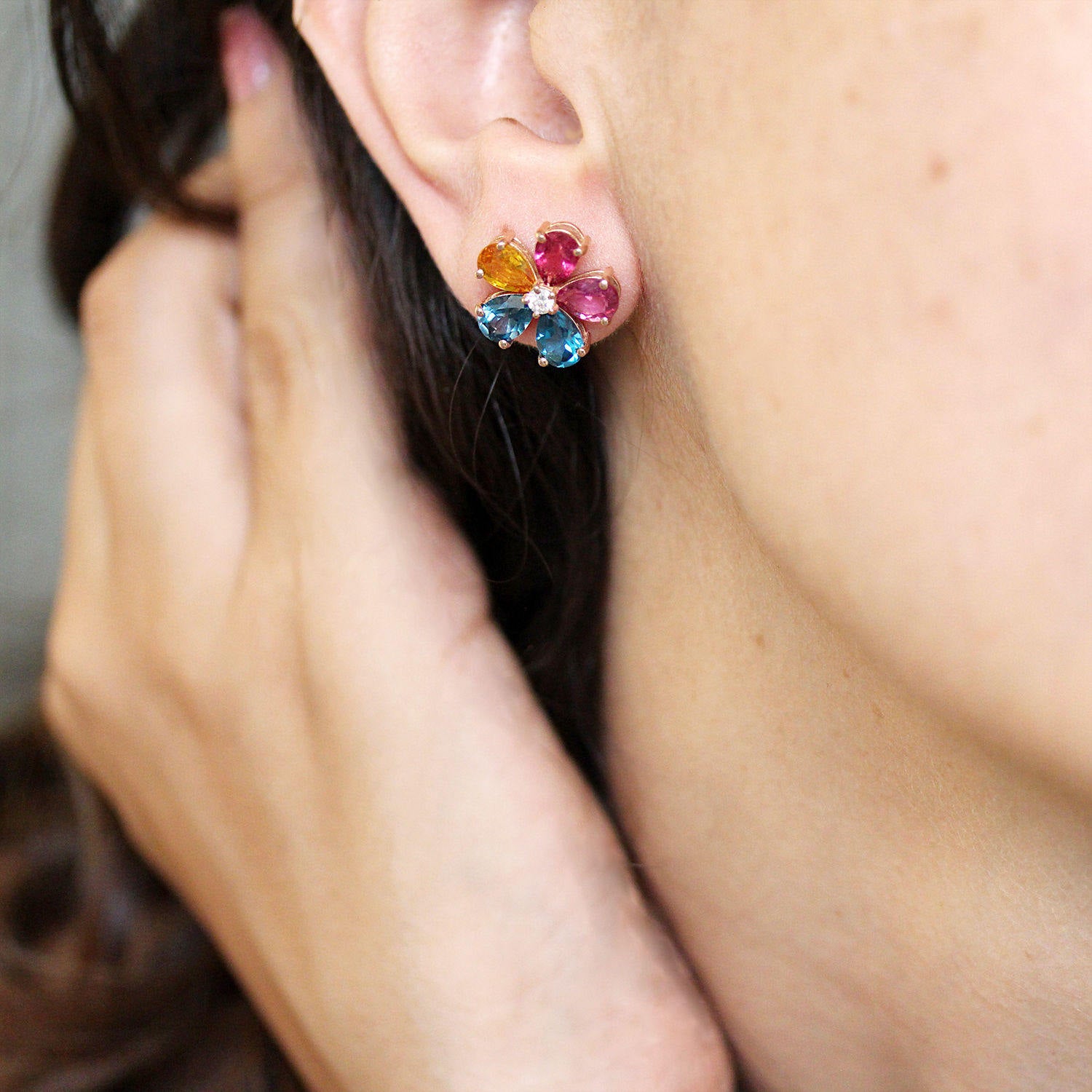 Flowers Stud Earrings Colorful Gemstone - sillyshinydiamonds