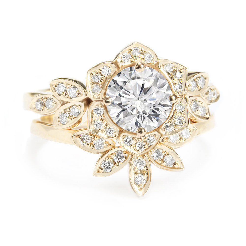 Lily Flower 1.05 carat Diamond Unique Engagement Rings Set - sillyshinydiamonds