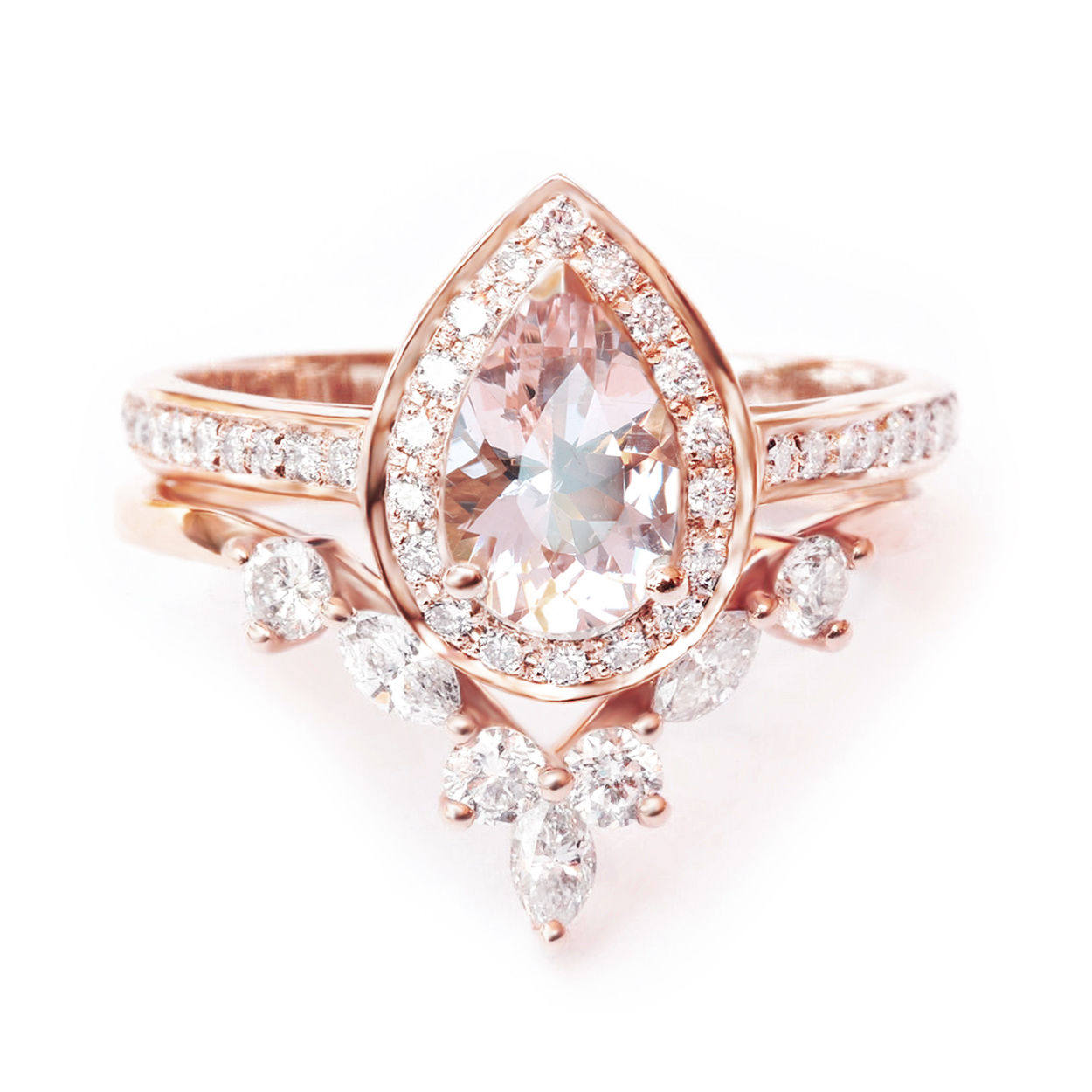 Nia & Hermes - Pear Morganite & Diamond Halo Ceremonial Ring set - sillyshinydiamonds