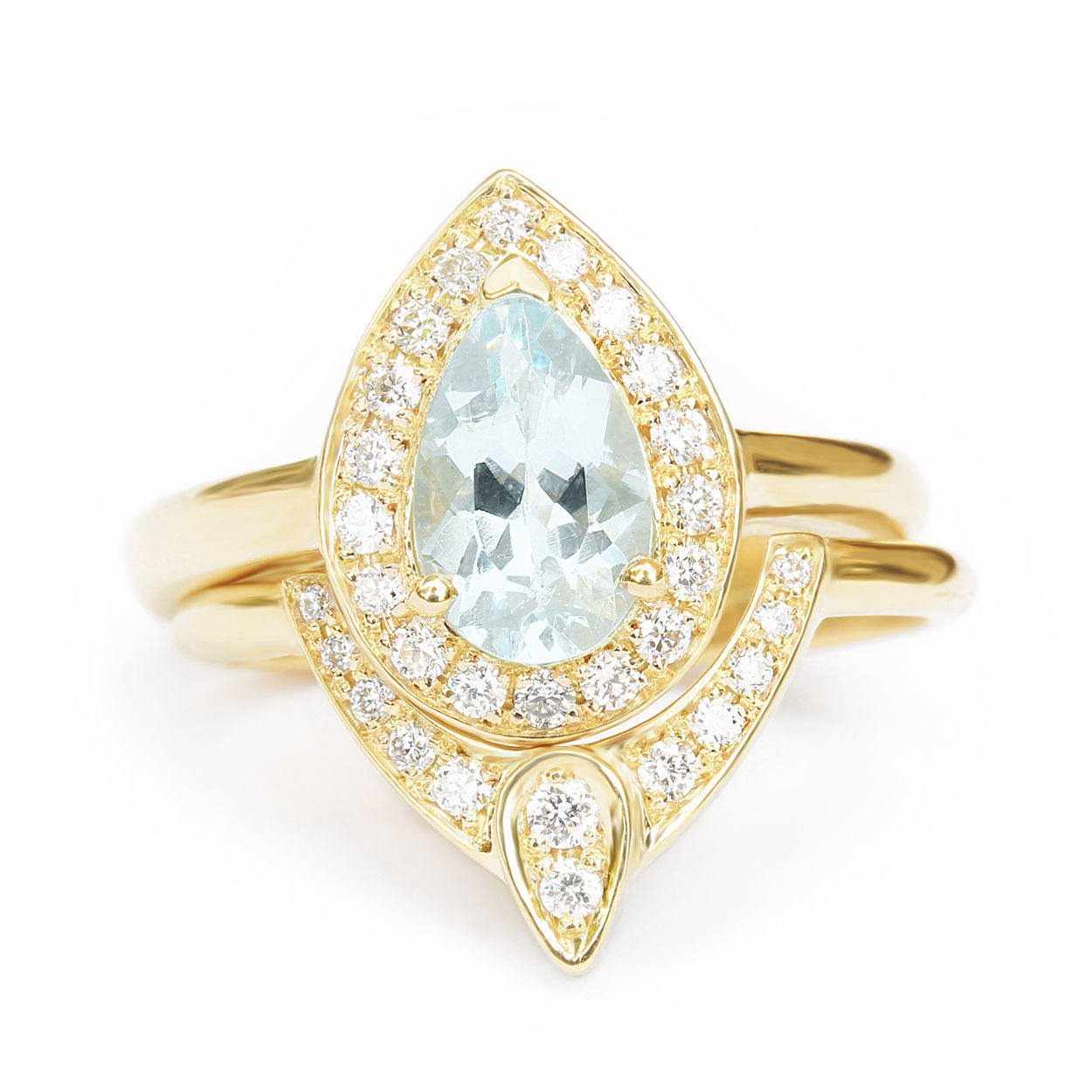 Pear Aquamarine Diamond Halo Ring Bridal Rings Set - The 3rd Eye - sillyshinydiamonds