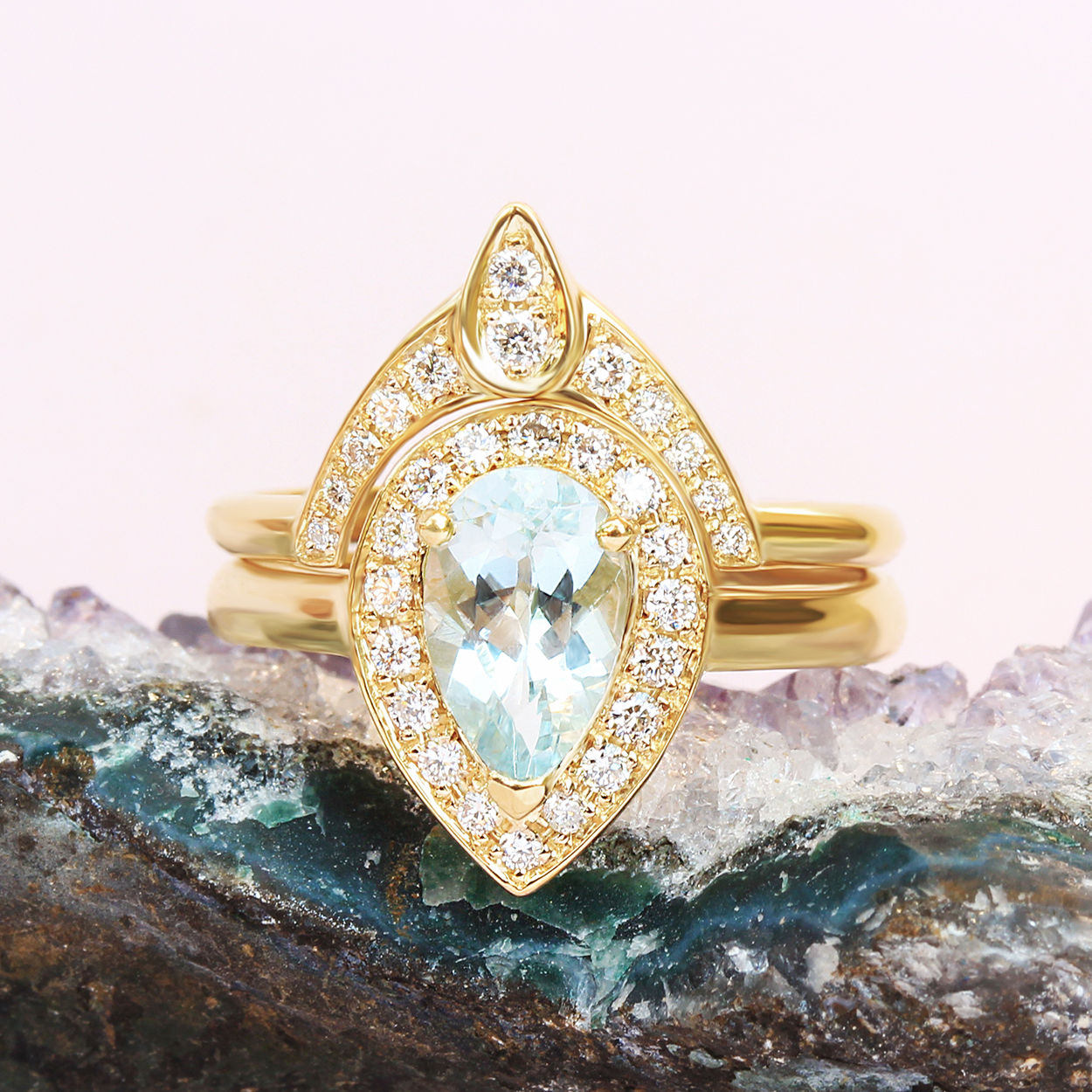 Pear Aquamarine Diamond Halo Ring Bridal Rings Set - The 3rd Eye - sillyshinydiamonds