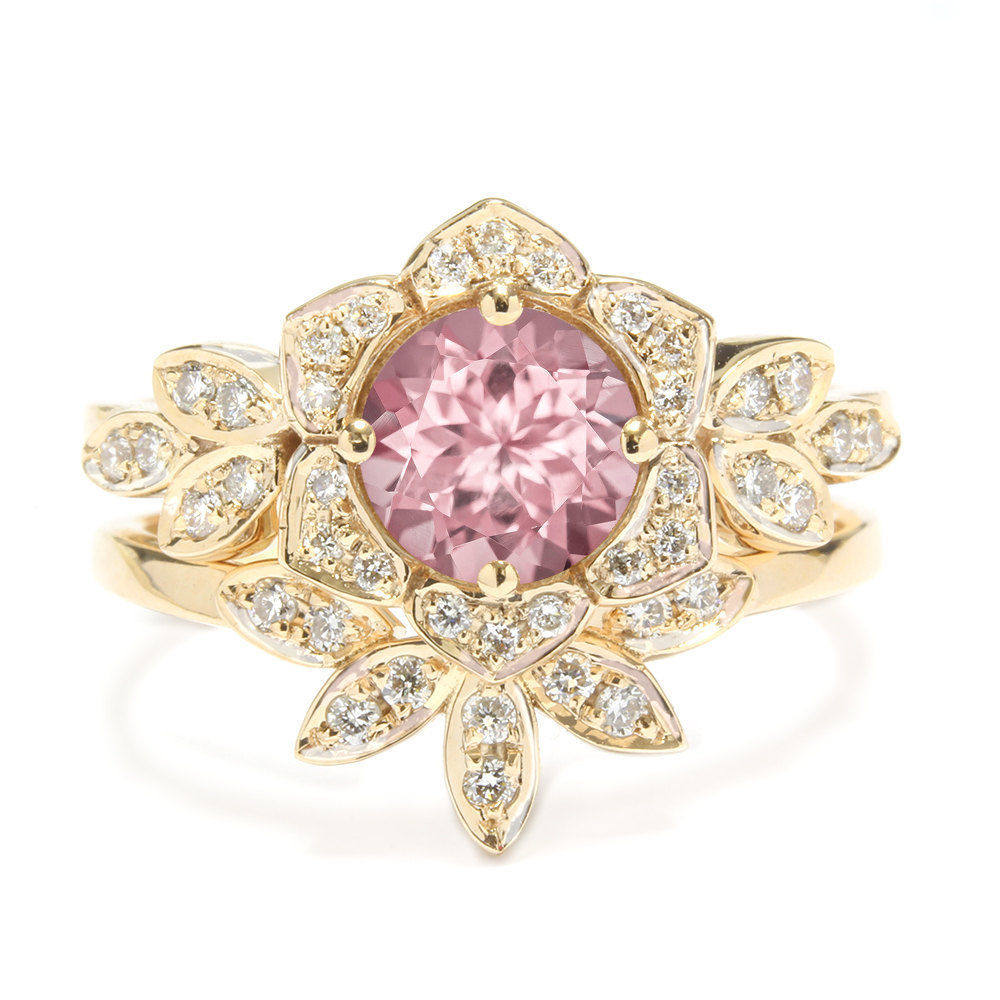 Tourmaline & Diamonds Lily Flower Unique Engagement Ring Set - sillyshinydiamonds