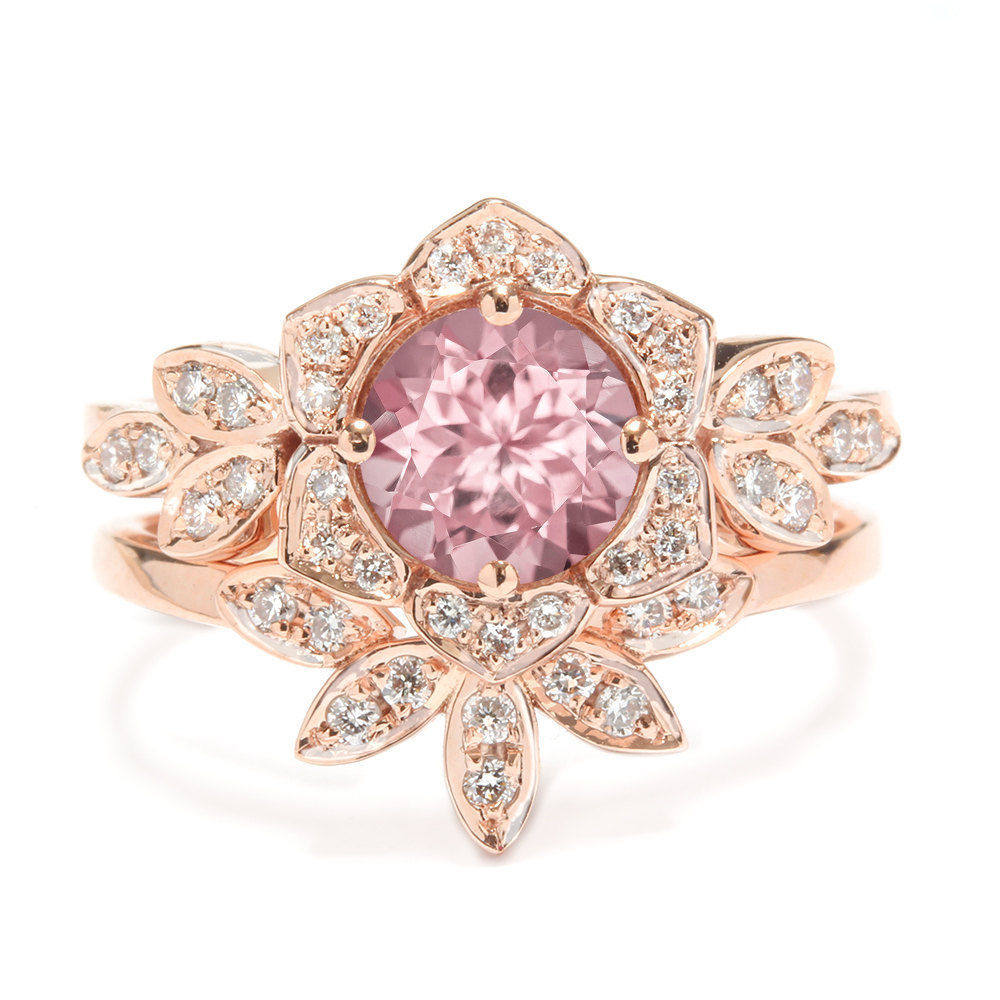 Tourmaline & Diamonds Lily Flower Unique Engagement Ring Set - sillyshinydiamonds