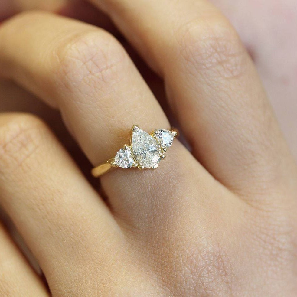 Three Stone Pear & Heart Diamonds Unique Engagement Ring - sillyshinydiamonds