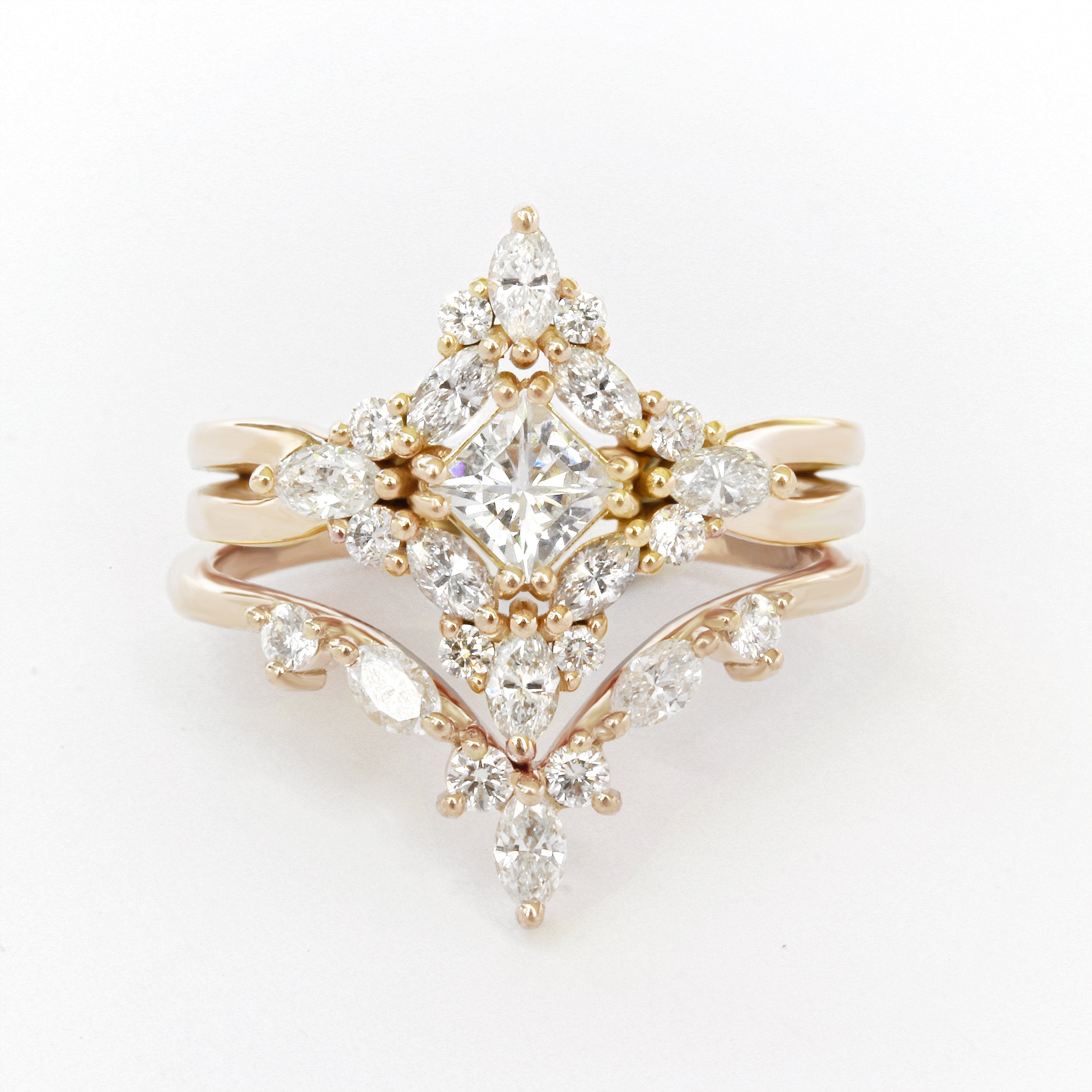 Altair - Princess Cut Square Diamond 1.30 Carat Cluster Two Engagement Rings Set - sillyshinydiamonds