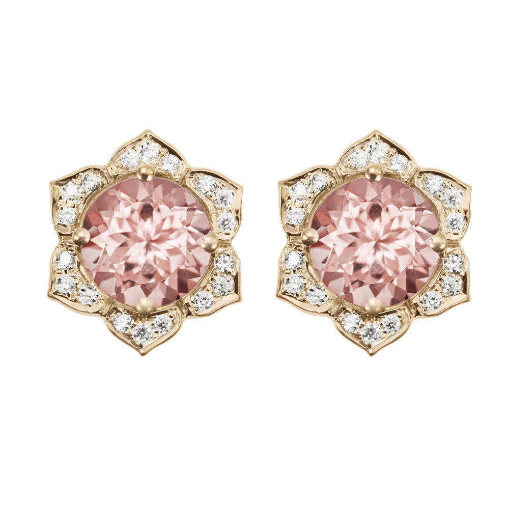 Lily Flower Studs Earrings - Morganite & Diamonds Stud Earrings - sillyshinydiamonds