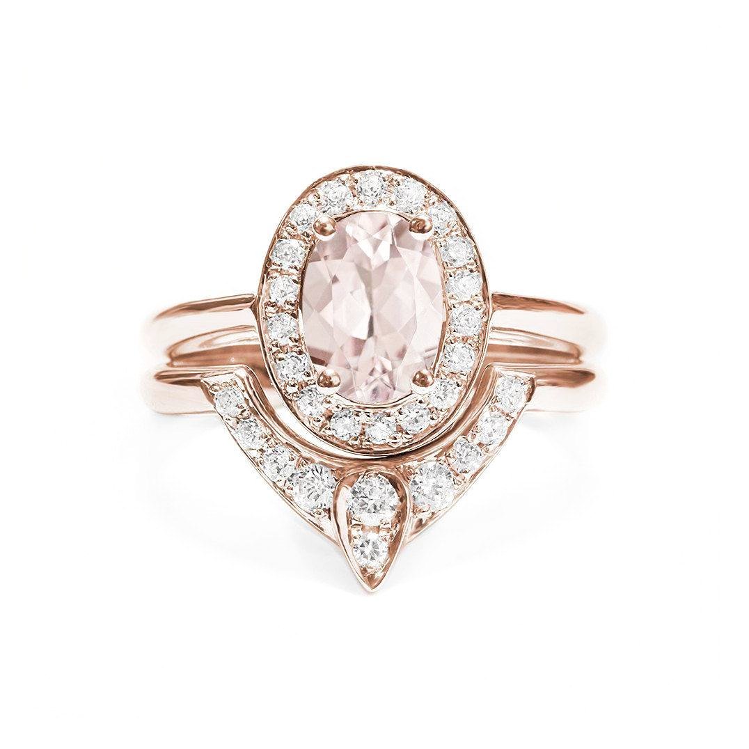 Oval Morganite Unique Engagement Rings Set -  The 3rd Eye - sillyshinydiamonds