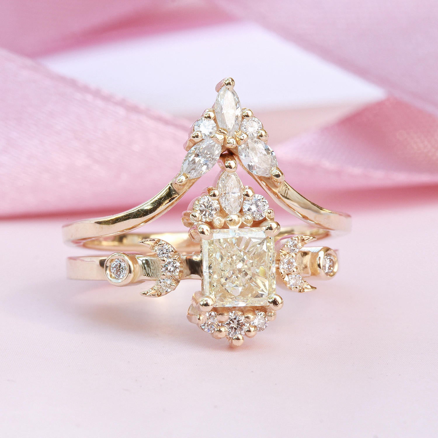 Doorway to Heaven Hindi Moon phase Square Princess Cut Diamond Unique Engagement Ring - sillyshinydiamonds