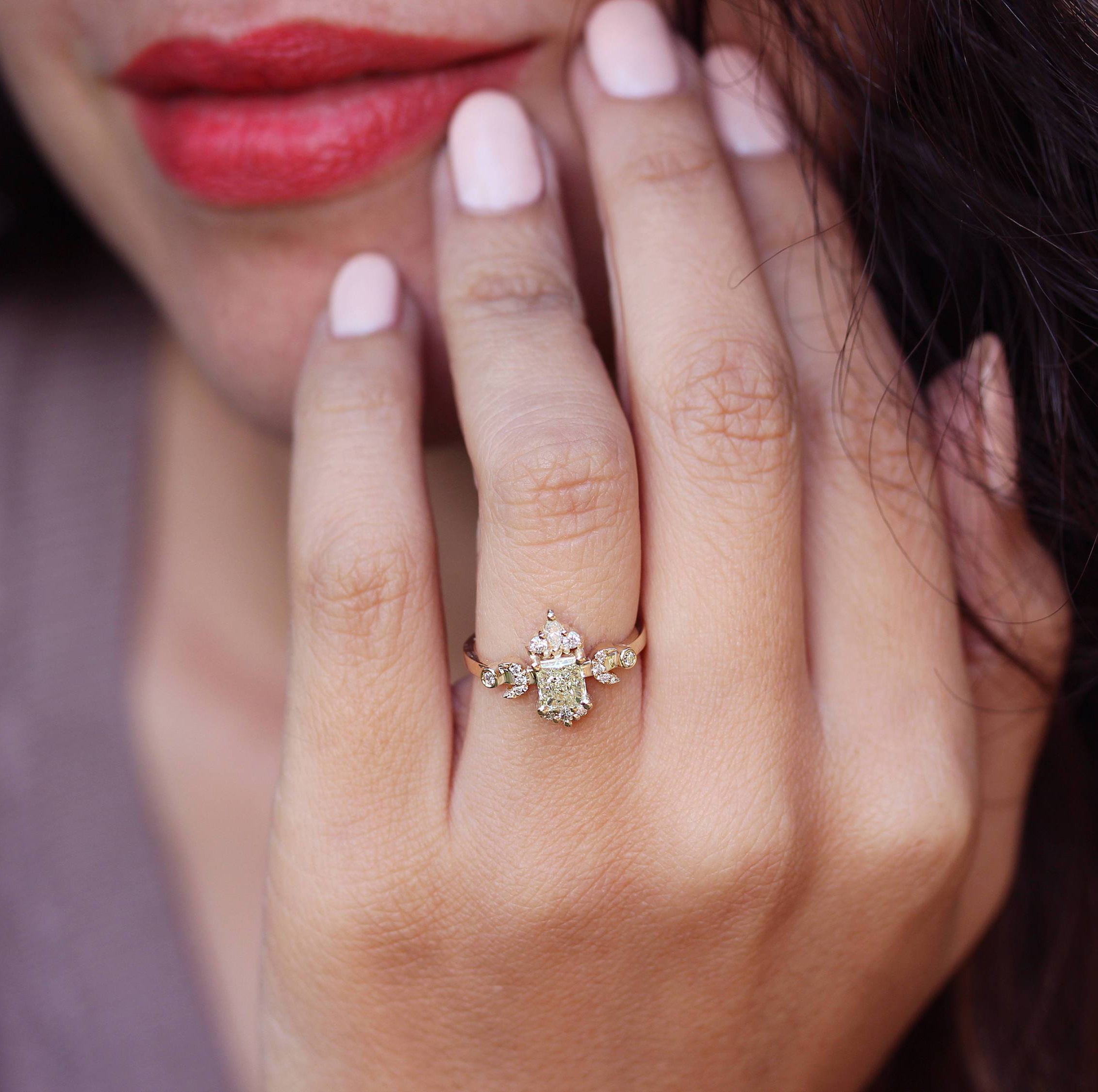 Hindi Moon phase Square Princess Cut Diamond Engagement Ring