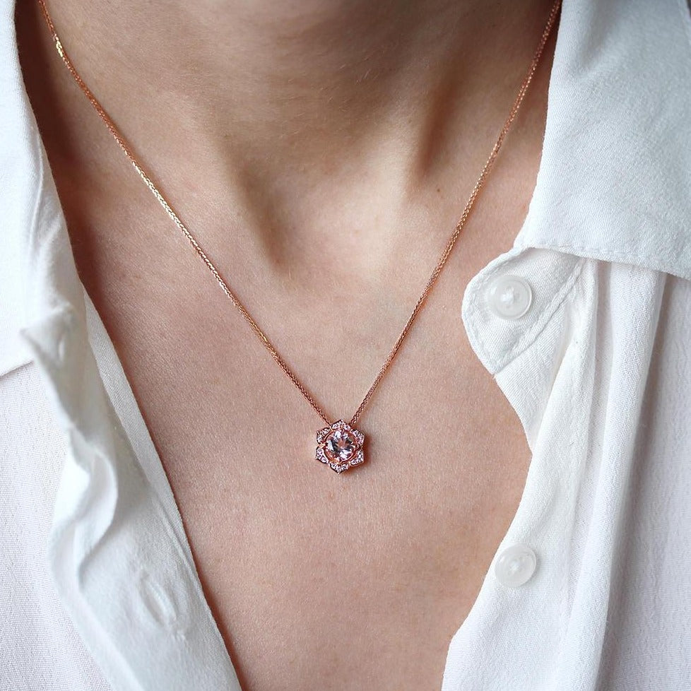 Lily Morganite & Diamonds Flower Pendant Necklace - sillyshinydiamonds