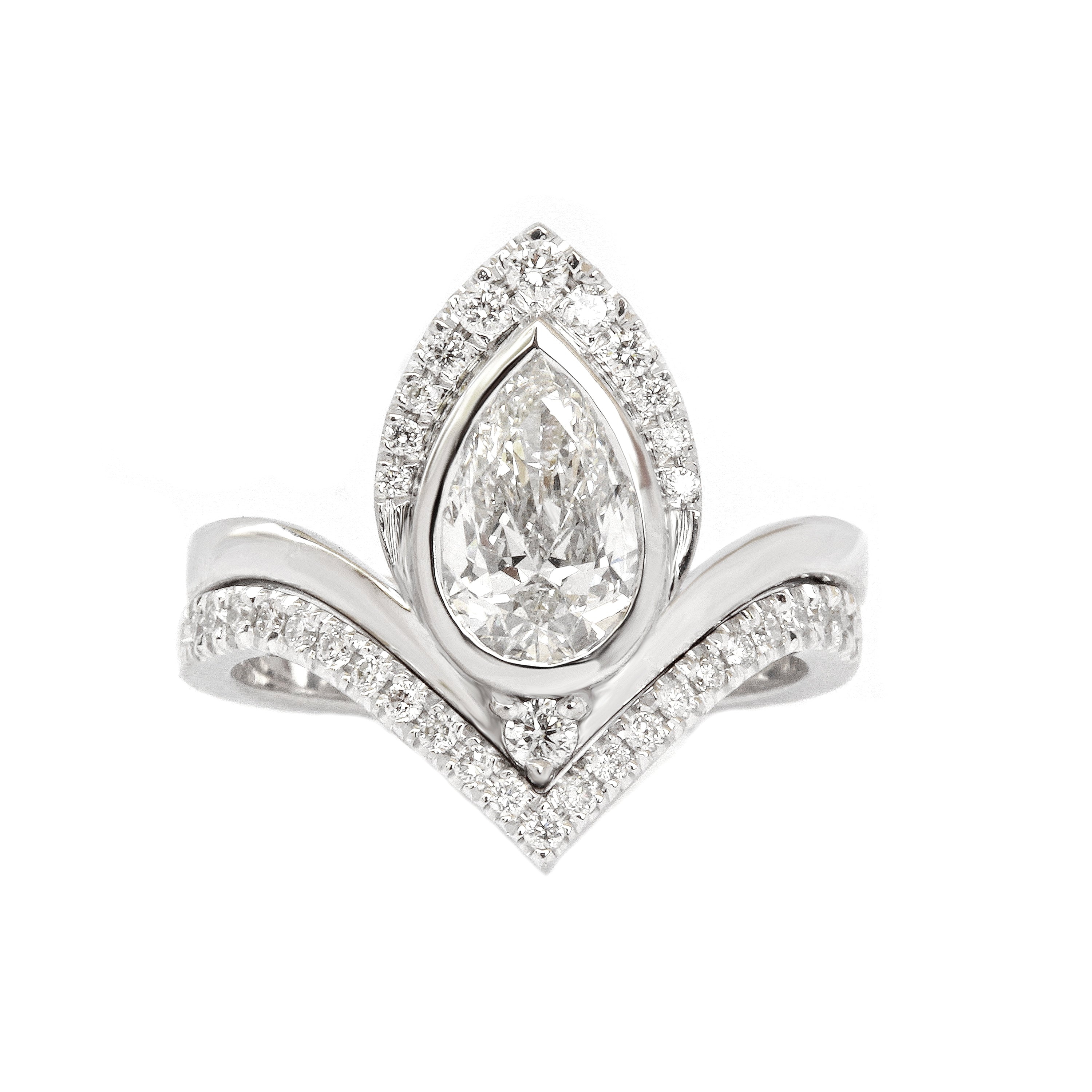 Upside-Down .75 Carat Pear Shaped Real Diamond Chevron Wedding Ring Set in  10k Rose Gold 