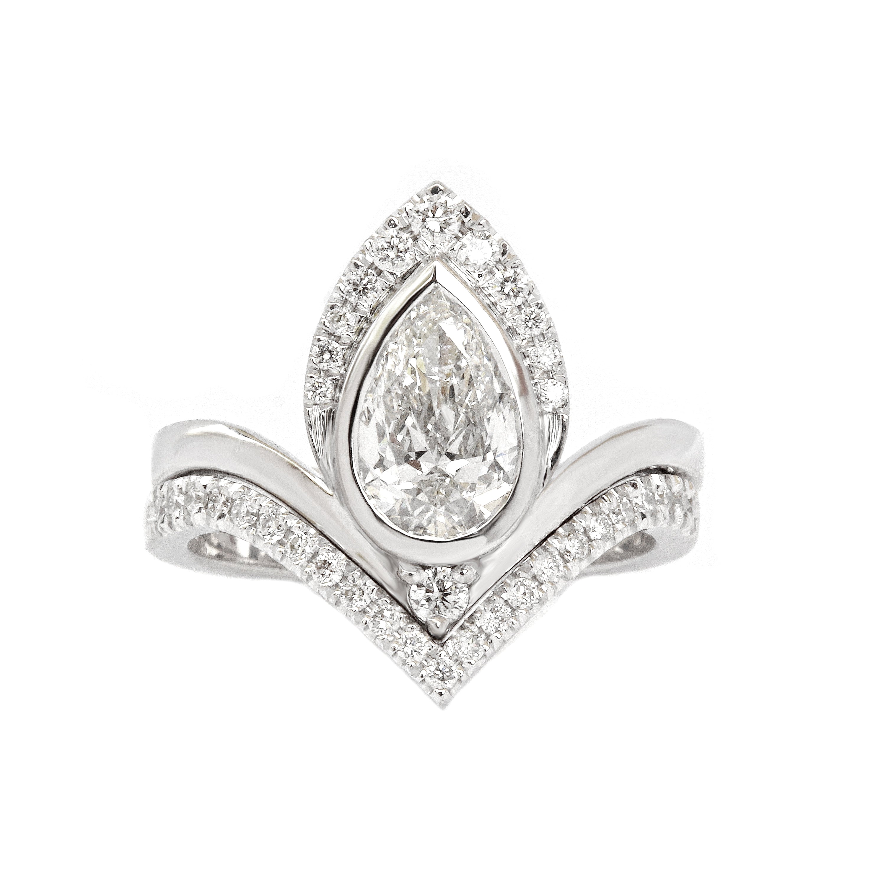 Pear Diamond with Matching Chevron V Wedding Band, Engagement Rings set, "Atyasha"