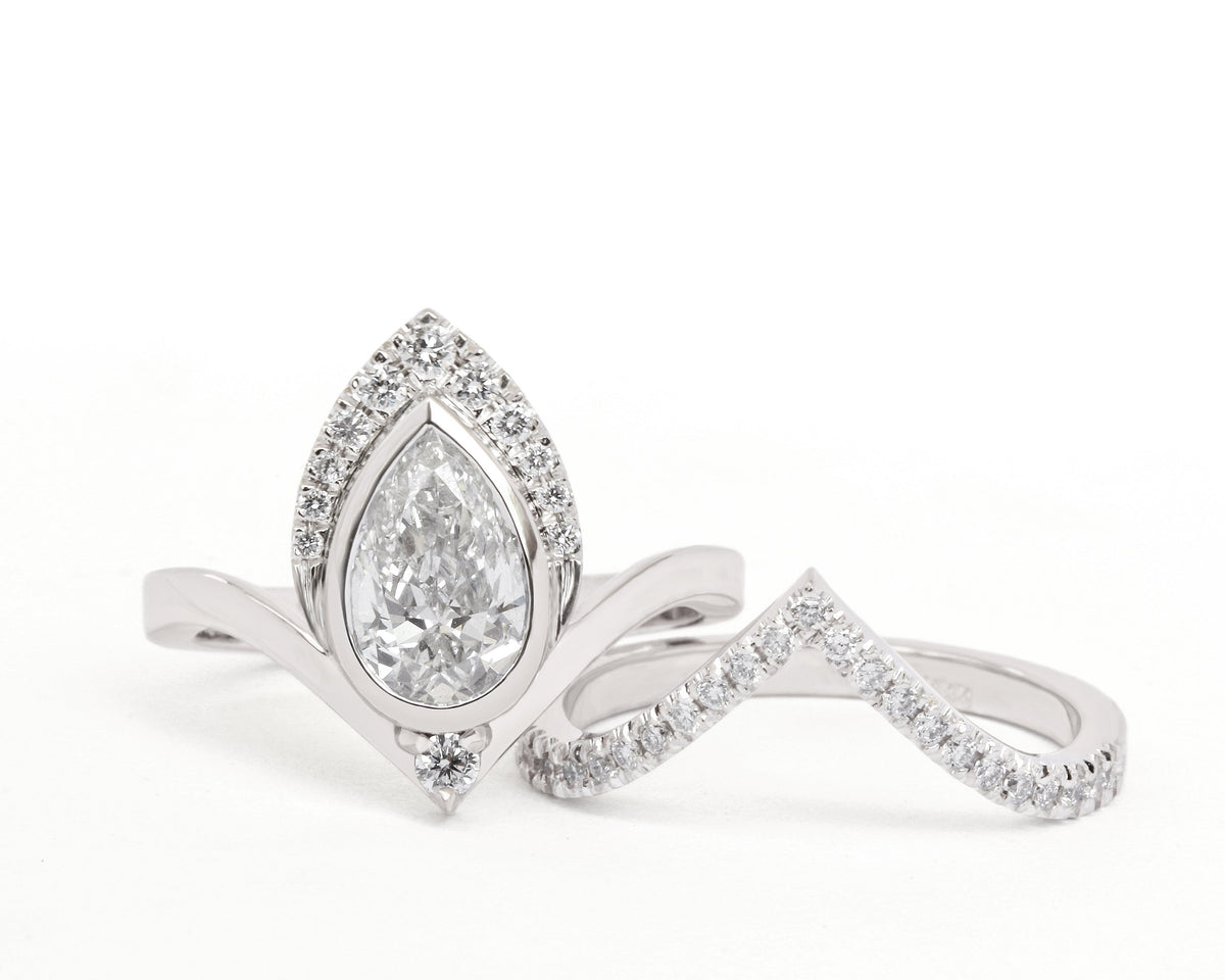 1.35 crat Pear Diamond Engagement Rings set with Matching V Nesting Wedding Band Atyasha - sillyshinydiamonds