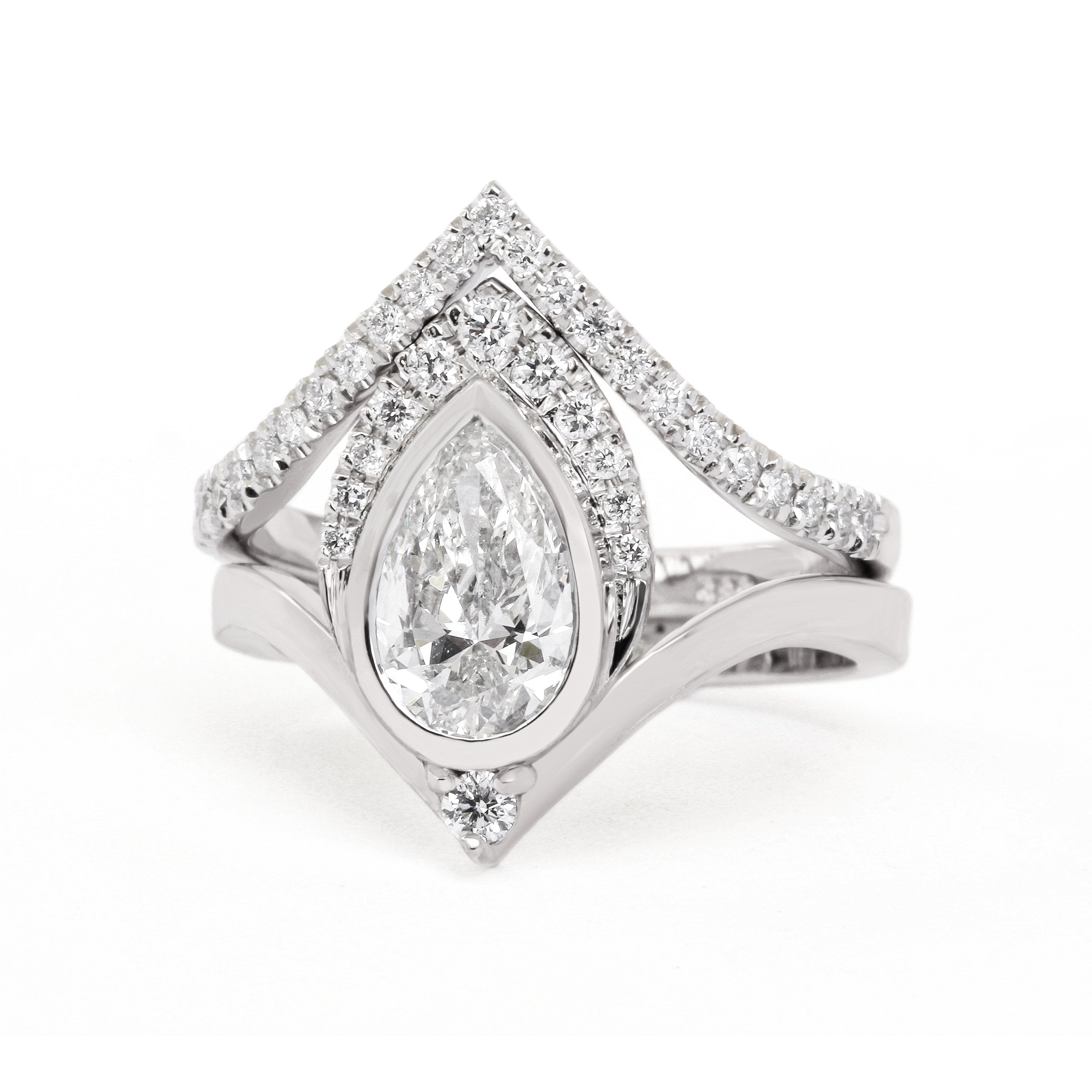 1.35 crat Pear Diamond Engagement Rings set with Matching V Nesting Wedding Band Atyasha - sillyshinydiamonds