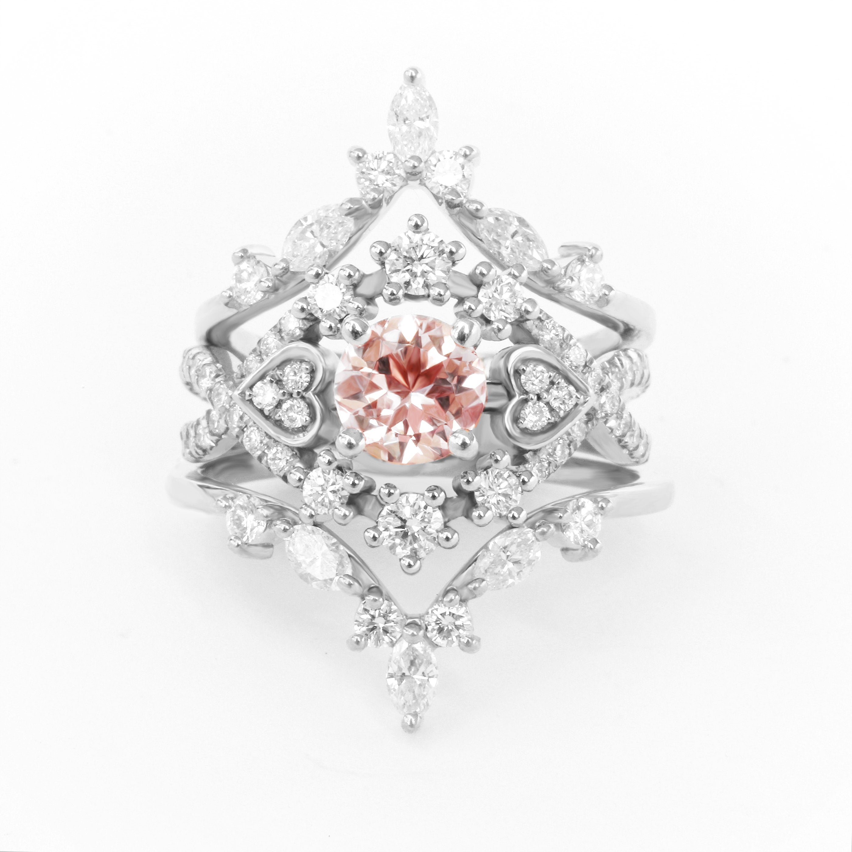 Destiny & Hermes - Morganite & Diamond Halo Unique Engagement & Wedding, Bridal Rings Set - sillyshinydiamonds