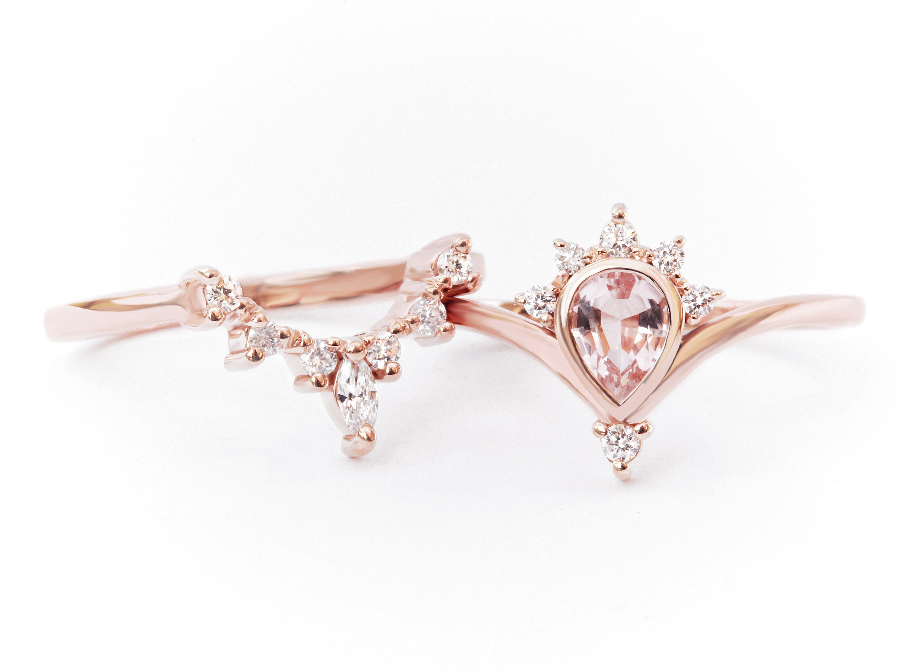 Pear Morganite Valentia with Romi Nesting Diamond Wedding Ring Set - sillyshinydiamonds