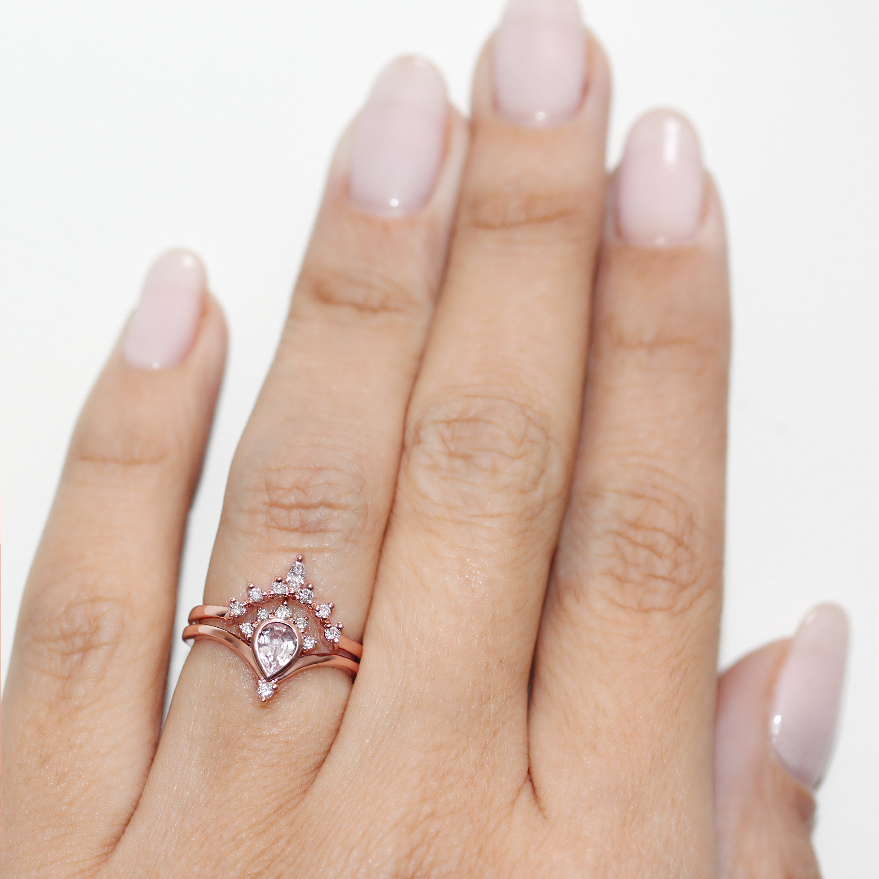 Pear Morganite Valentia with Romi Nesting Diamond Wedding Ring Set - sillyshinydiamonds