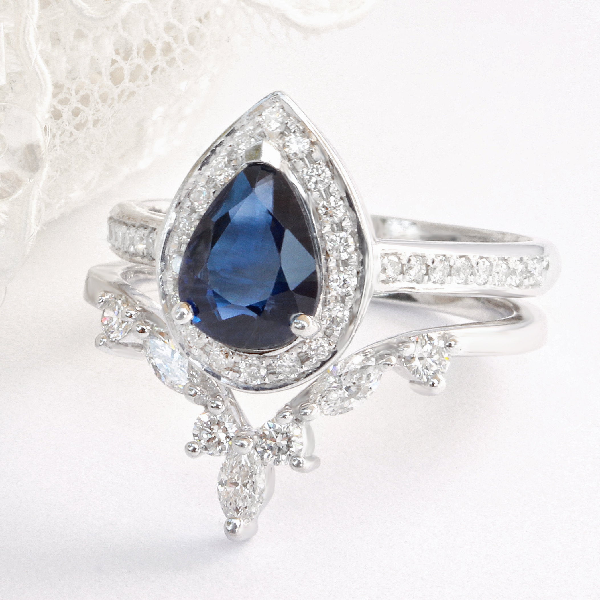 Blue Sapphire Pear Shape & Diamonds Wedding Rings Set - NIA - sillyshinydiamonds