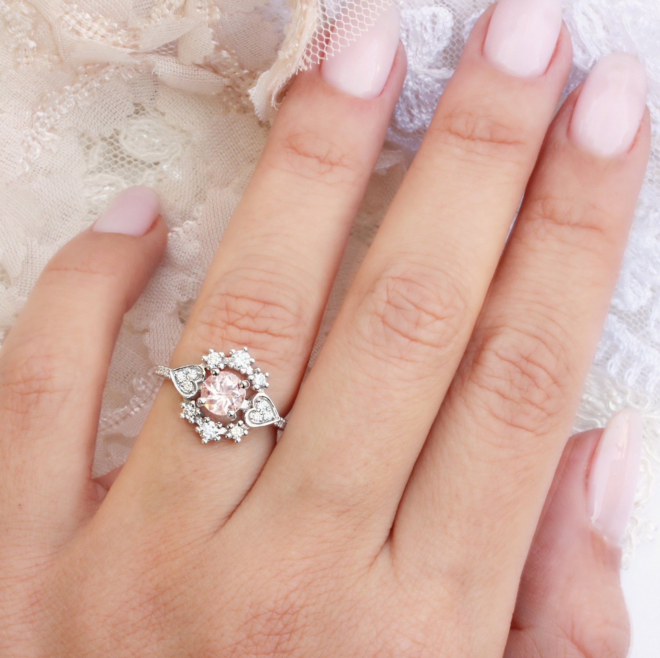Morganite & Diamond Halo Unique Engagement Ring, Destiny One, 14K White Gold Size 6. - sillyshinydiamonds