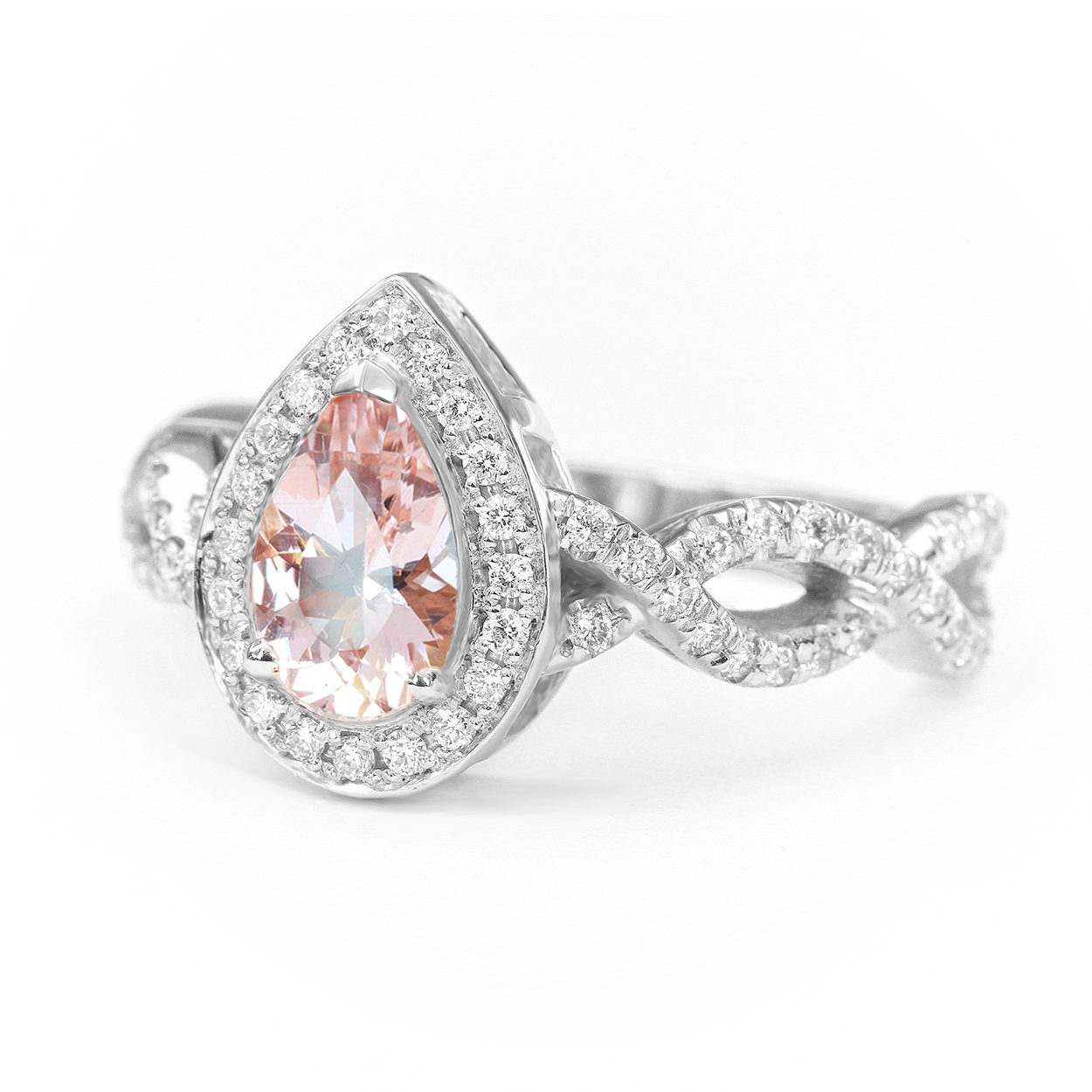 Pear Morganite & Diamond Halo, Infinty Shank Unique Engagement Ring - sillyshinydiamonds