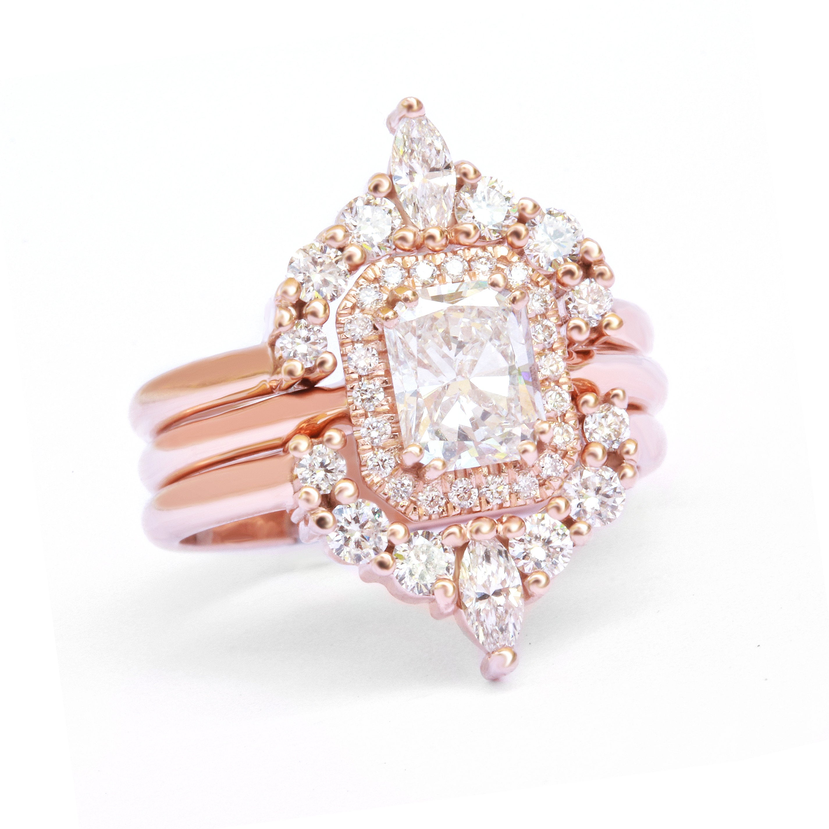 Radiant Diamond with halo three wedding ring set, Radiant soul - sillyshinydiamonds