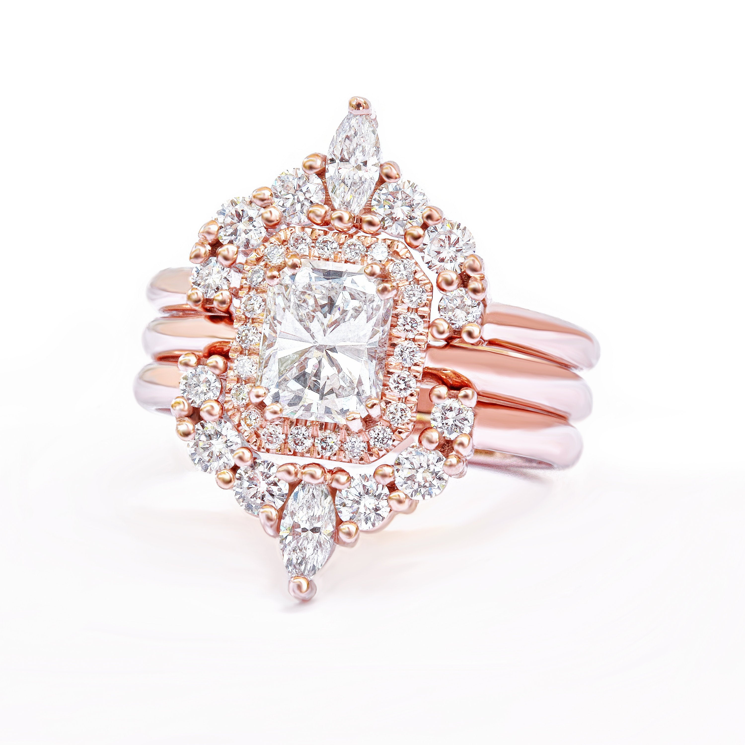 Radiant Diamond with halo three wedding ring set, Radiant soul - sillyshinydiamonds