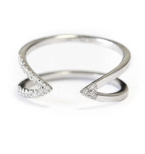 Open V cuff ring, Minimal gold & diamond ring, 14K White Gold, 6.25 Size - sillyshinydiamonds