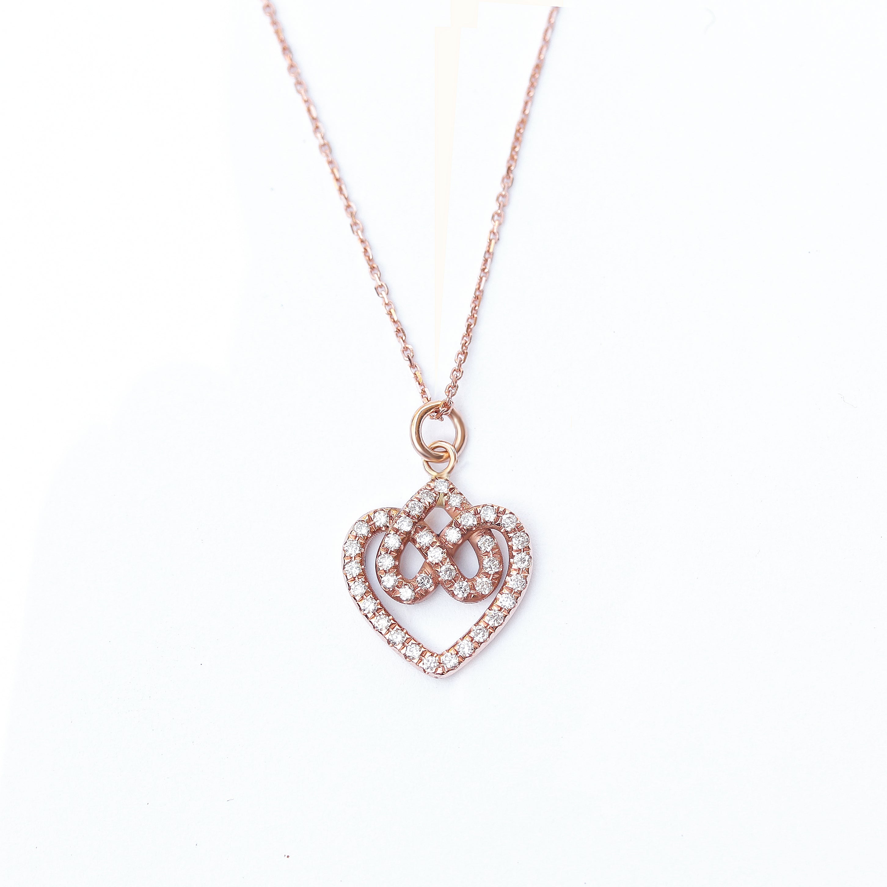 Infinity hearts lock knot diamond pendant necklace, 14K rose gold, 42 cm, ready to ship - sillyshinydiamonds