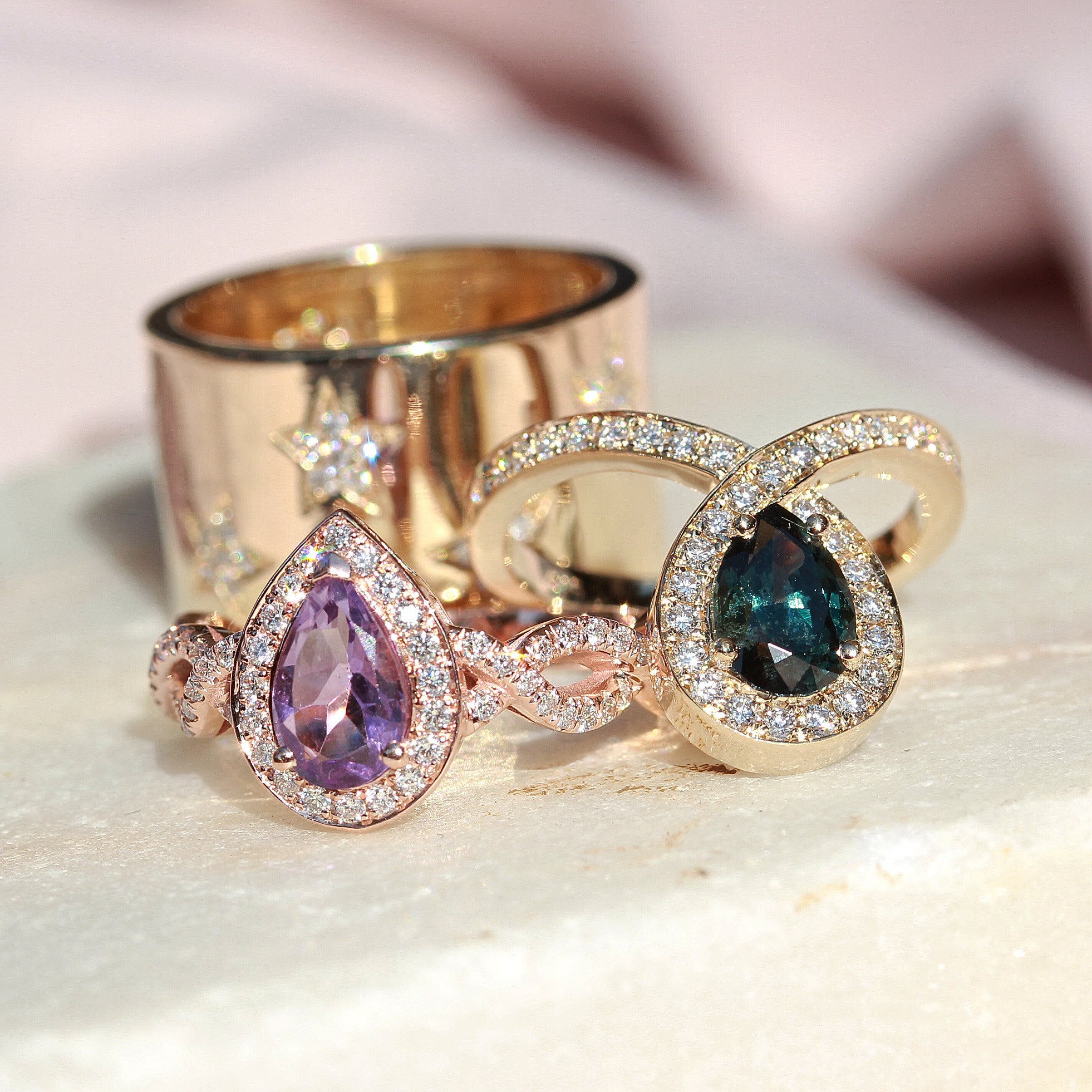 Teal Sapphire & Diamond Halo Loop Unique Engagement Ring Set, Bliss ♥