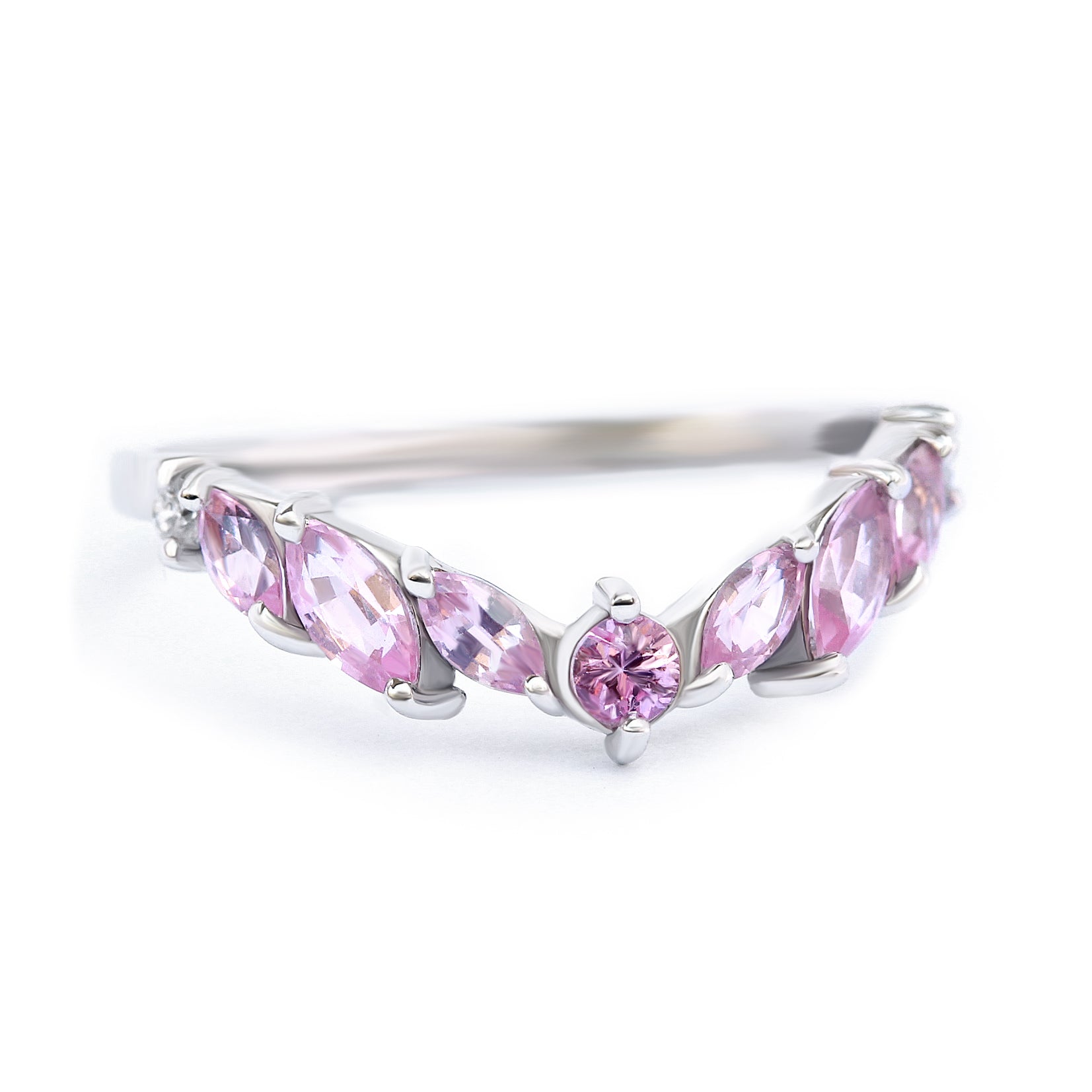 OOAK Marquise pink Spinel & Sapphire Crown nesting v ring, Pinkie - Ready to ship in 14K white gold & size 6.5